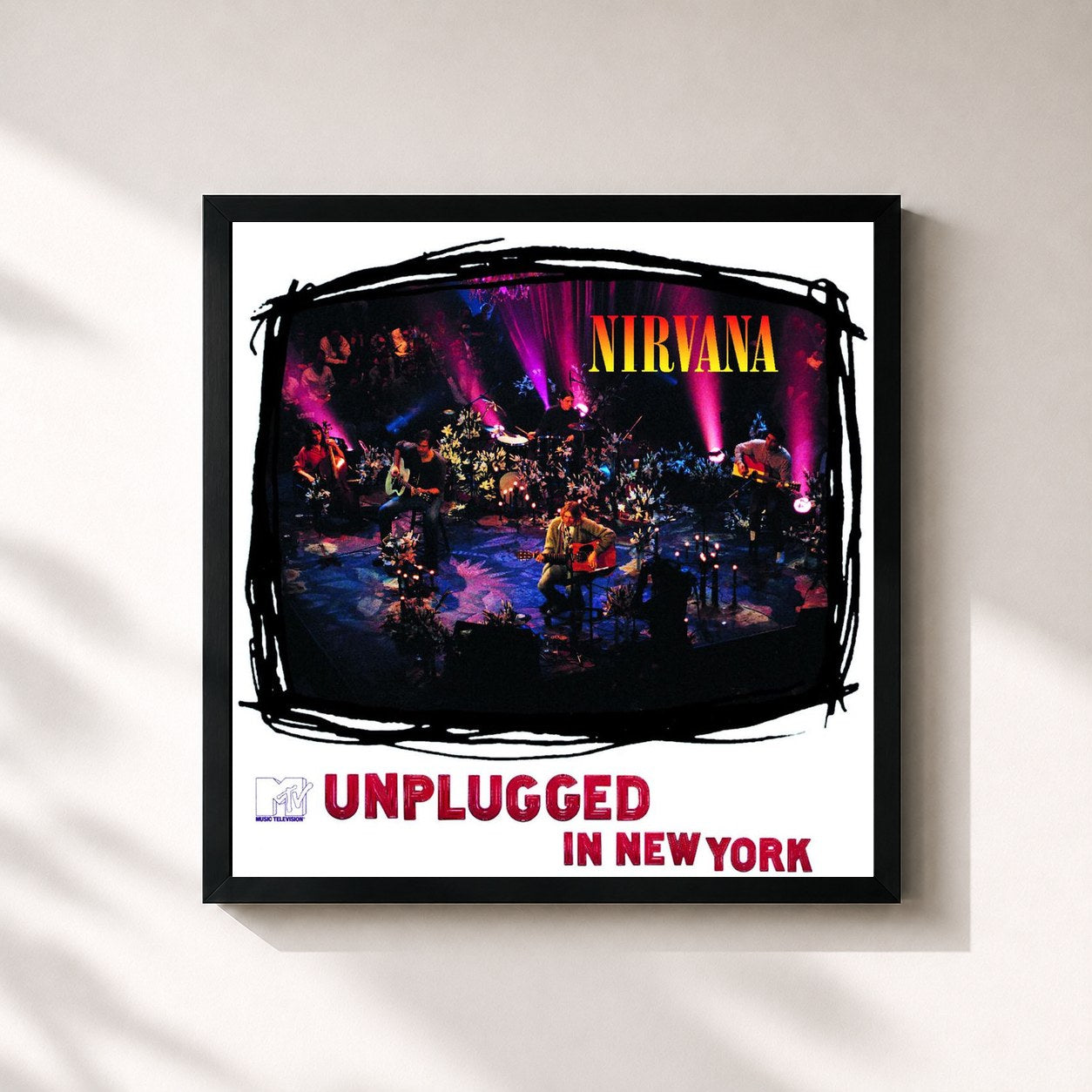 #noir MTV Unplugged In New York di Nirvana in stampa quadrata incorniciata, cornice nera 32x32 cm