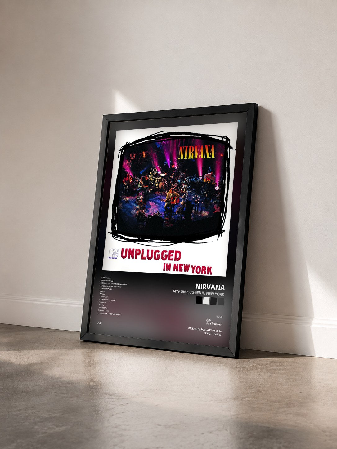 #noir MTV Unplugged In New York di Nirvana in stampa incorniciata vista di tre quarti, cornice nera