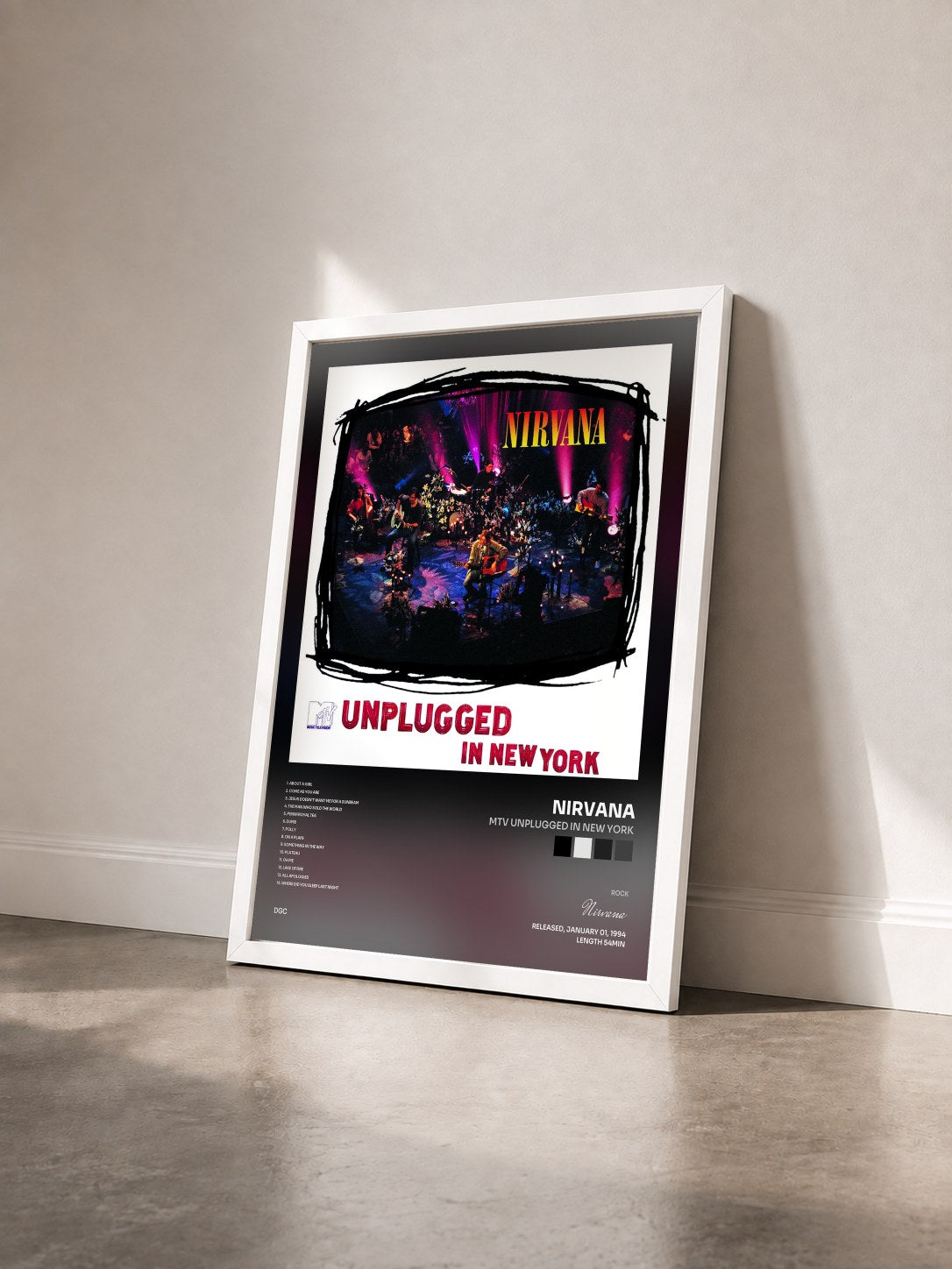 #blanc MTV Unplugged In New York di Nirvana in stampa incorniciata vista di tre quarti, cornice bianca