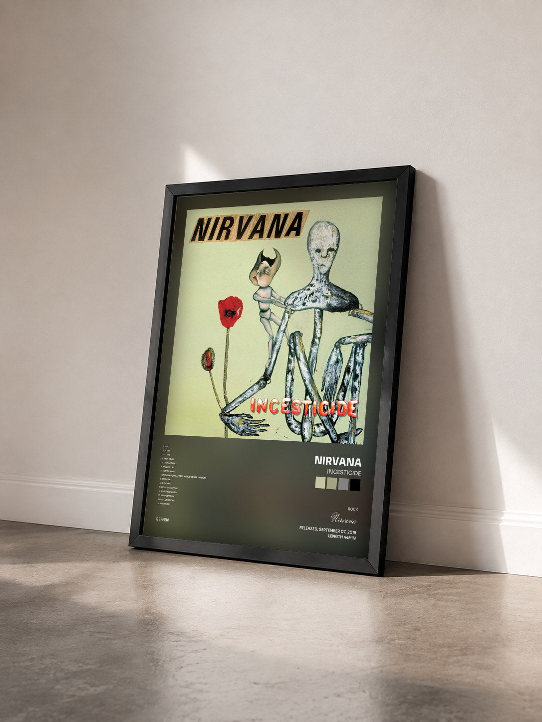 #noir Tableau de l'album Incesticide de Nirvana vu de trois quarts, cadre noir