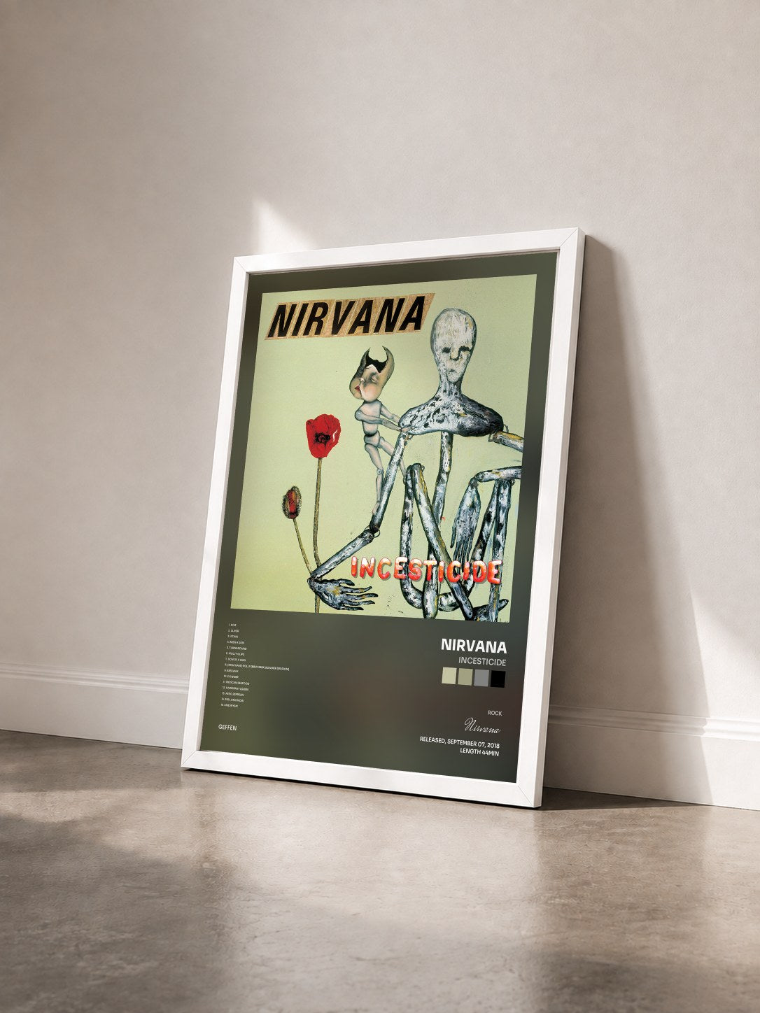 #blanc Tableau de l'album Incesticide de Nirvana vu de trois quarts, cadre blanc