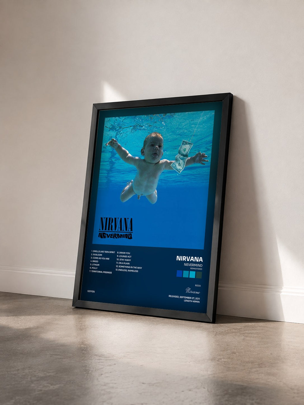 #noir Tableau de l'album Nevermind (Remastered) de Nirvana vu de trois quarts, cadre noir