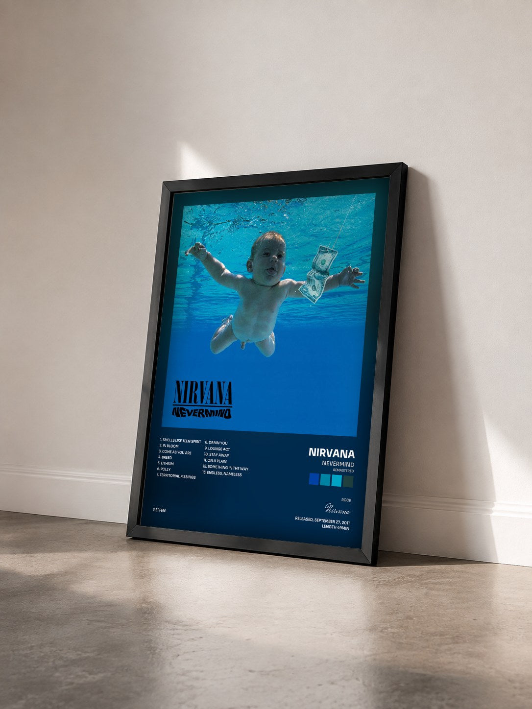#noir Nevermind (Remastered) di Nirvana in stampa incorniciata vista di tre quarti, cornice nera