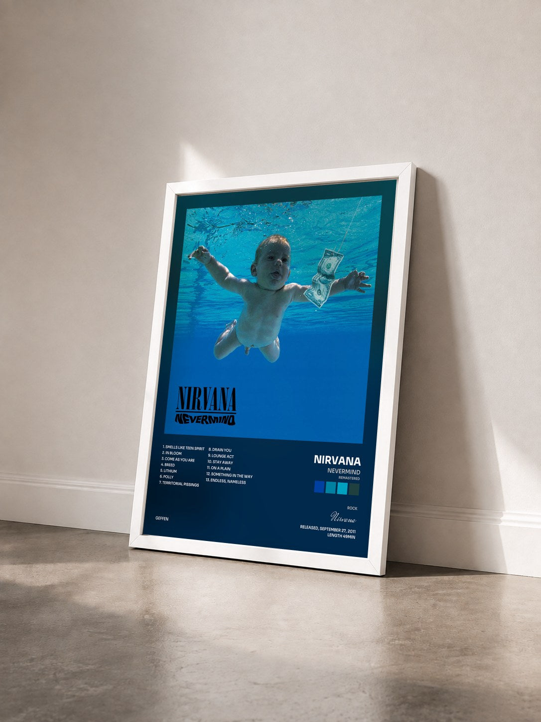 #blanc Nevermind (Remastered) di Nirvana in stampa incorniciata vista di tre quarti, cornice bianca