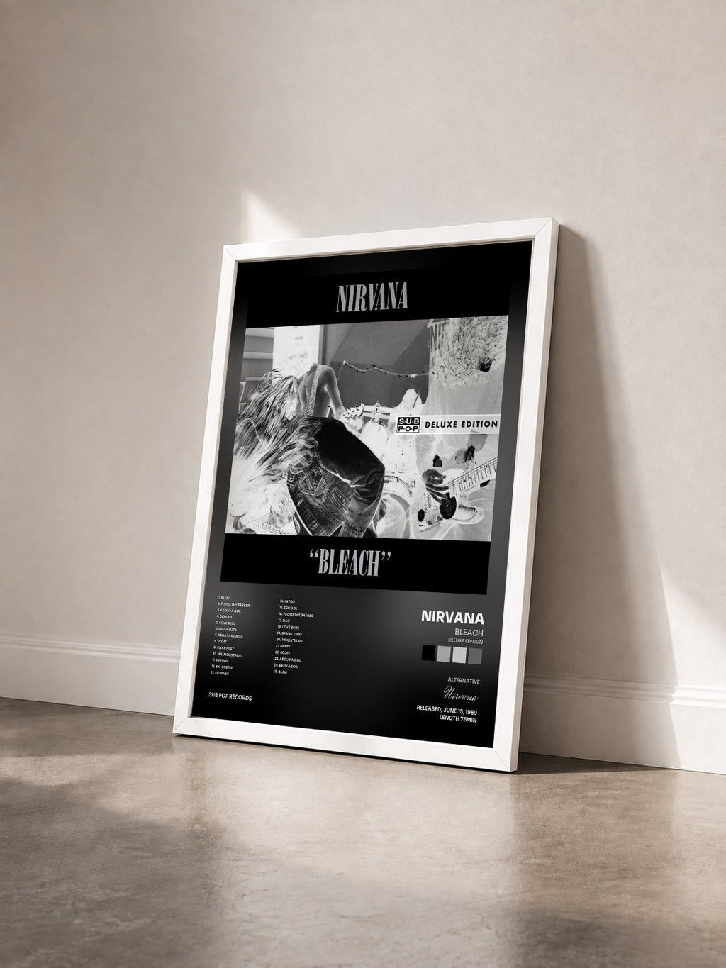#blanc Tableau de l'album Bleach (Deluxe Edition) de Nirvana vu de trois quarts, cadre blanc