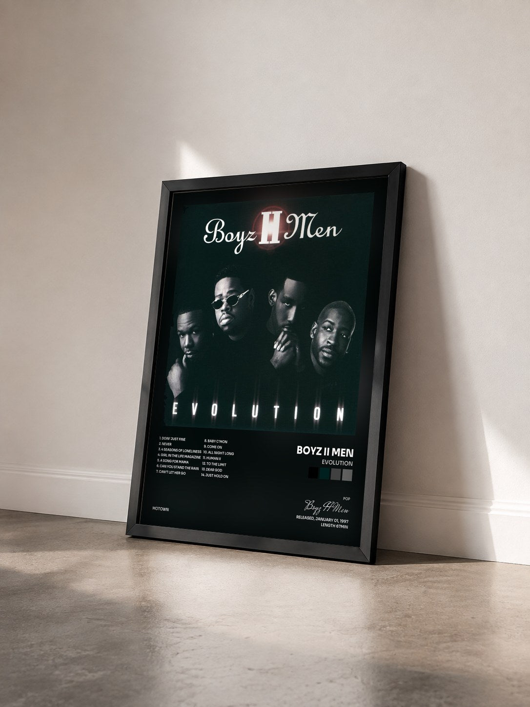 #noir Tableau de l'album Evolution de Boyz II Men vu de trois quarts, cadre noir