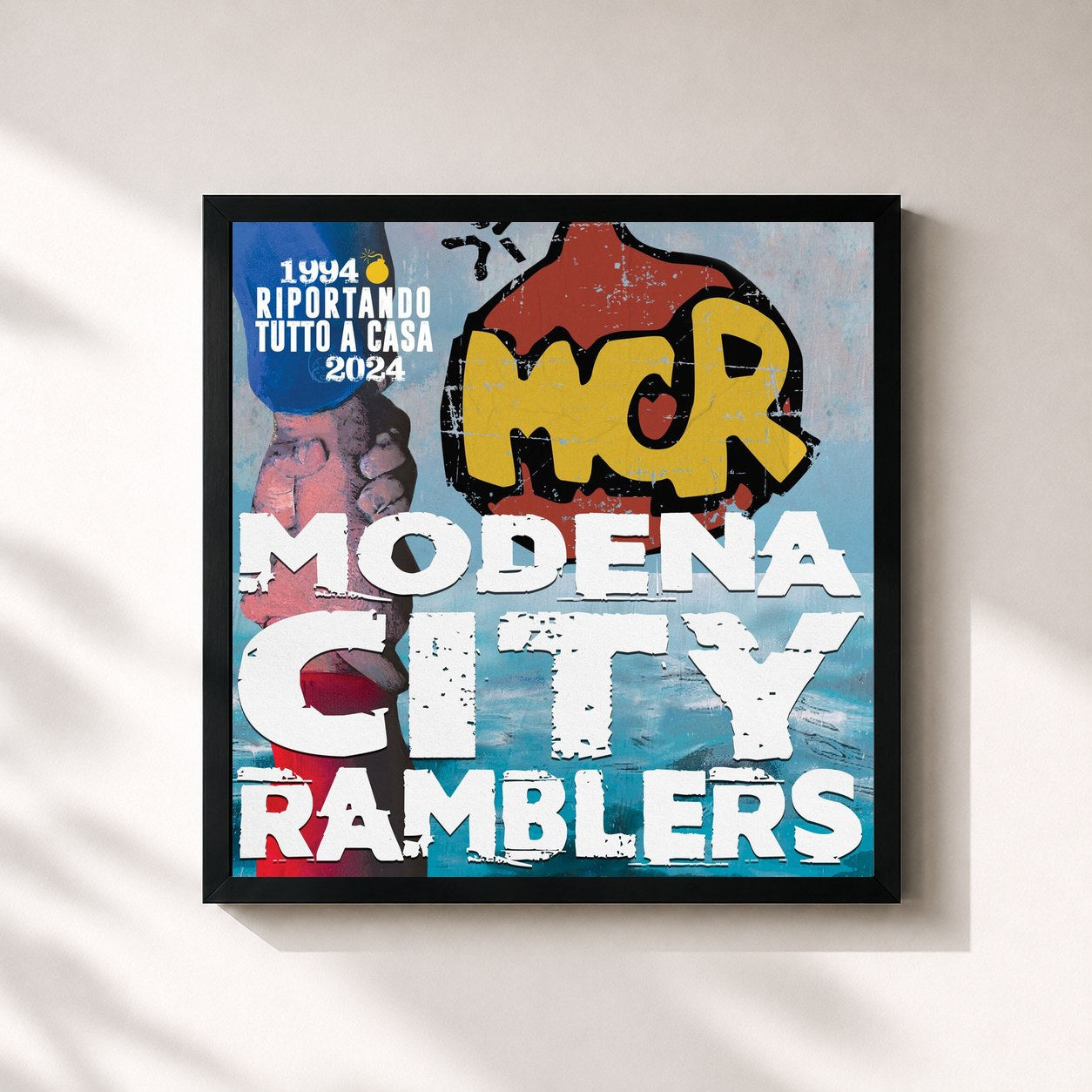 #noir Tableau carré de l'album Riportando tutto a casa 1994 / 2024 MCR de Modena City Ramblers, cadre noir 32x32 cm