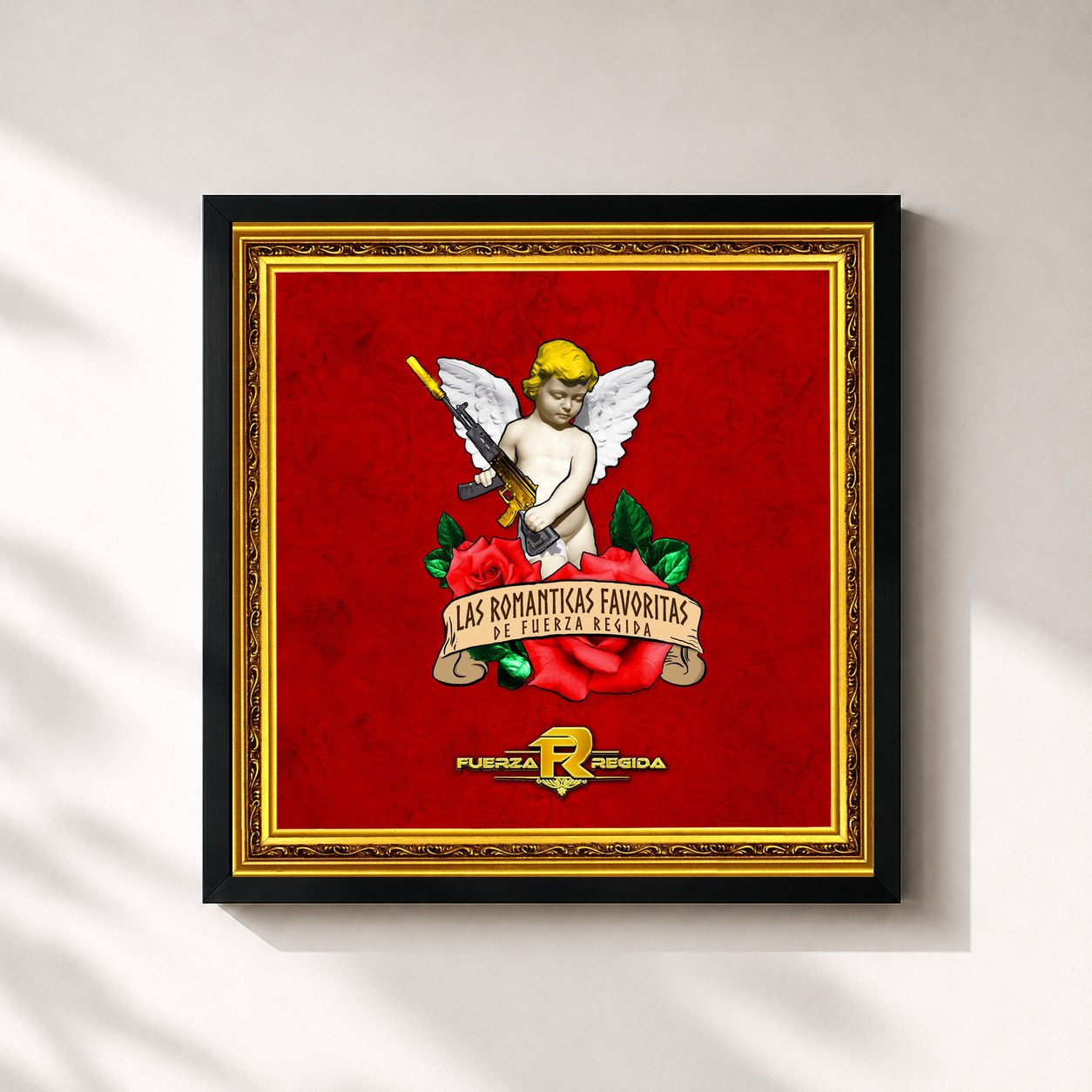 #noir Tableau carré de l'album Las Romanticas Favoritas de Fuerza Regida de Fuerza Regida, cadre noir 32x32 cm