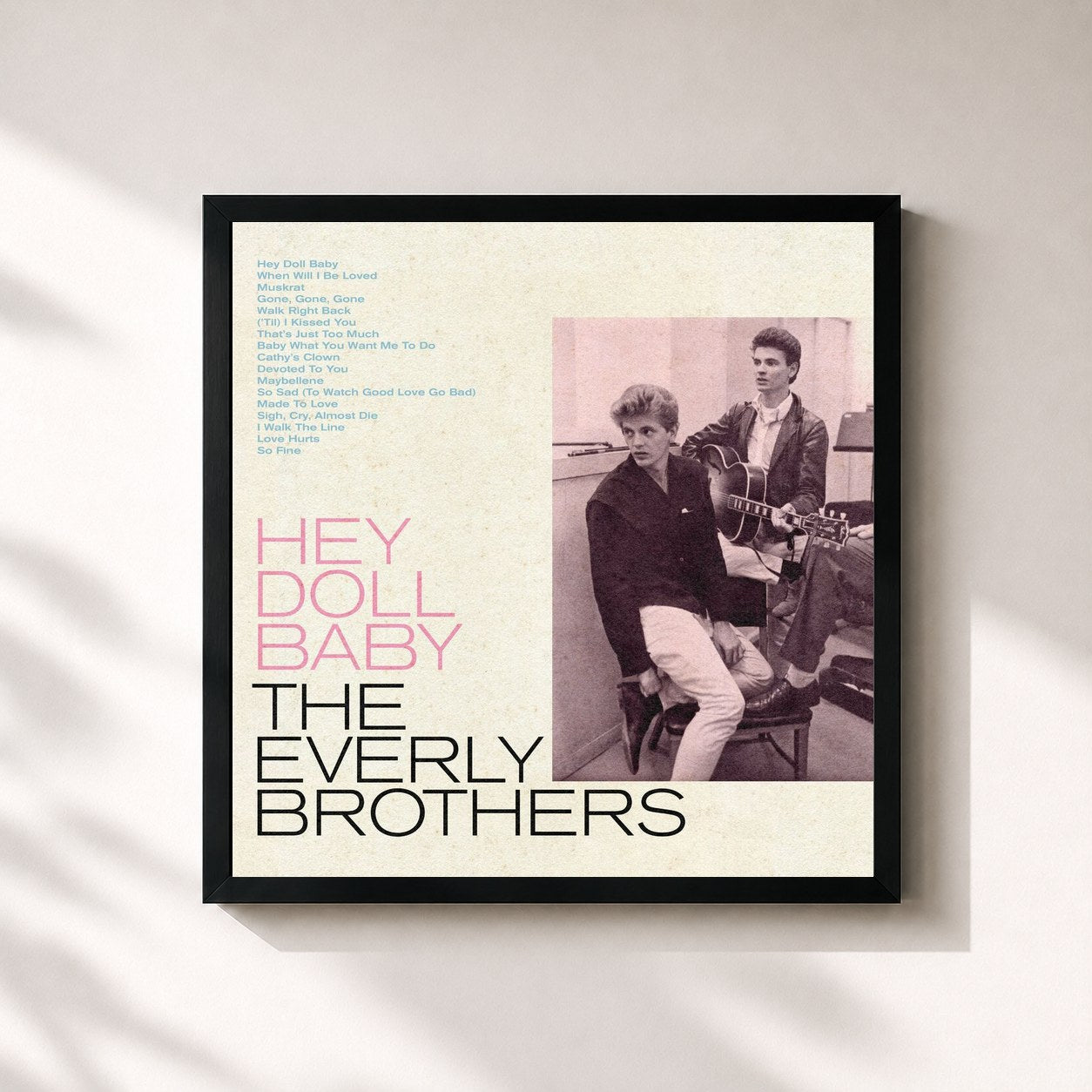 #noir Tableau carré de l'album Hey Doll Baby de The Everly Brothers, cadre noir 32x32 cm