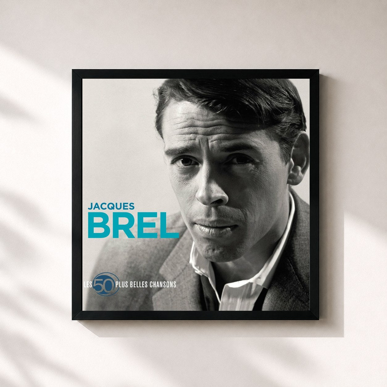 #noir Tableau carré de l'album 50 Plus Belles Chansons de Jacques Brel, cadre noir 32x32 cm