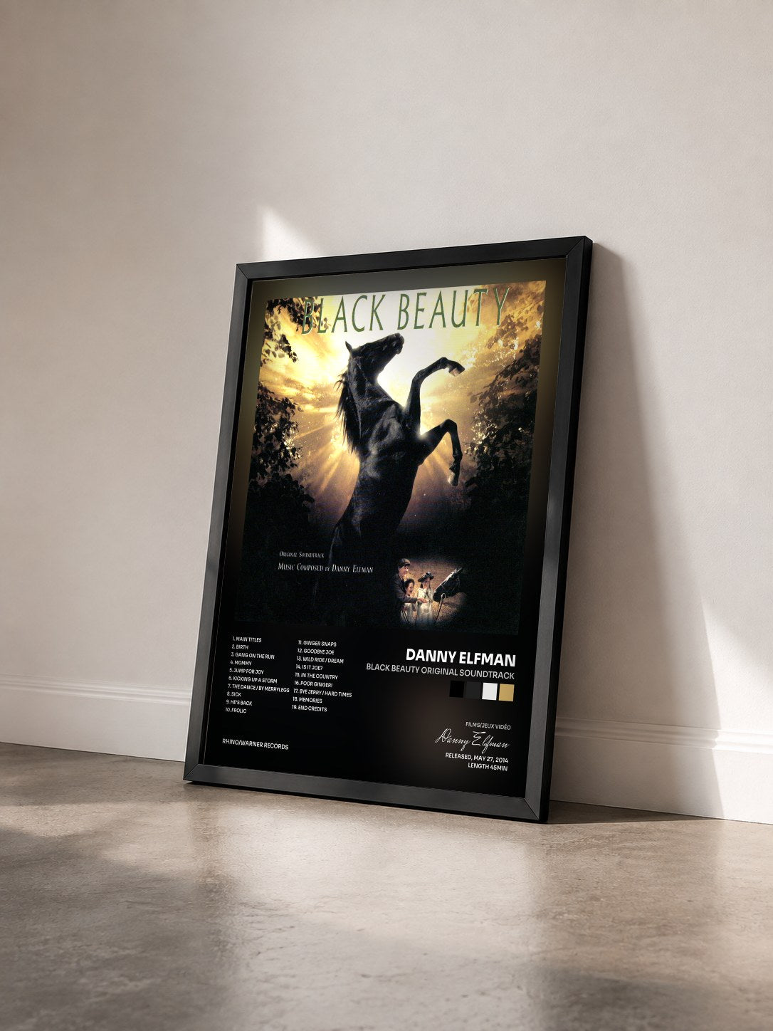 #noir Tableau de l'album Black Beauty Original Soundtrack de Danny Elfman vu de trois quarts, cadre noir