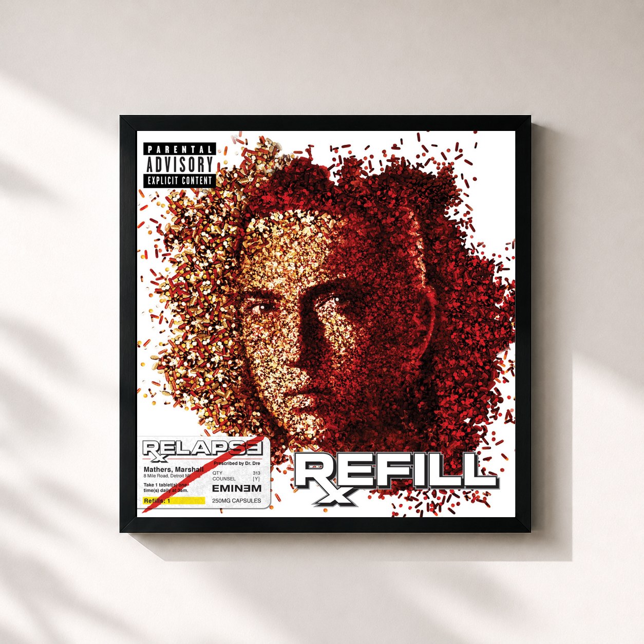 #noir Tableau carré de l'album Relapse: Refill de Eminem, cadre noir 32x32 cm