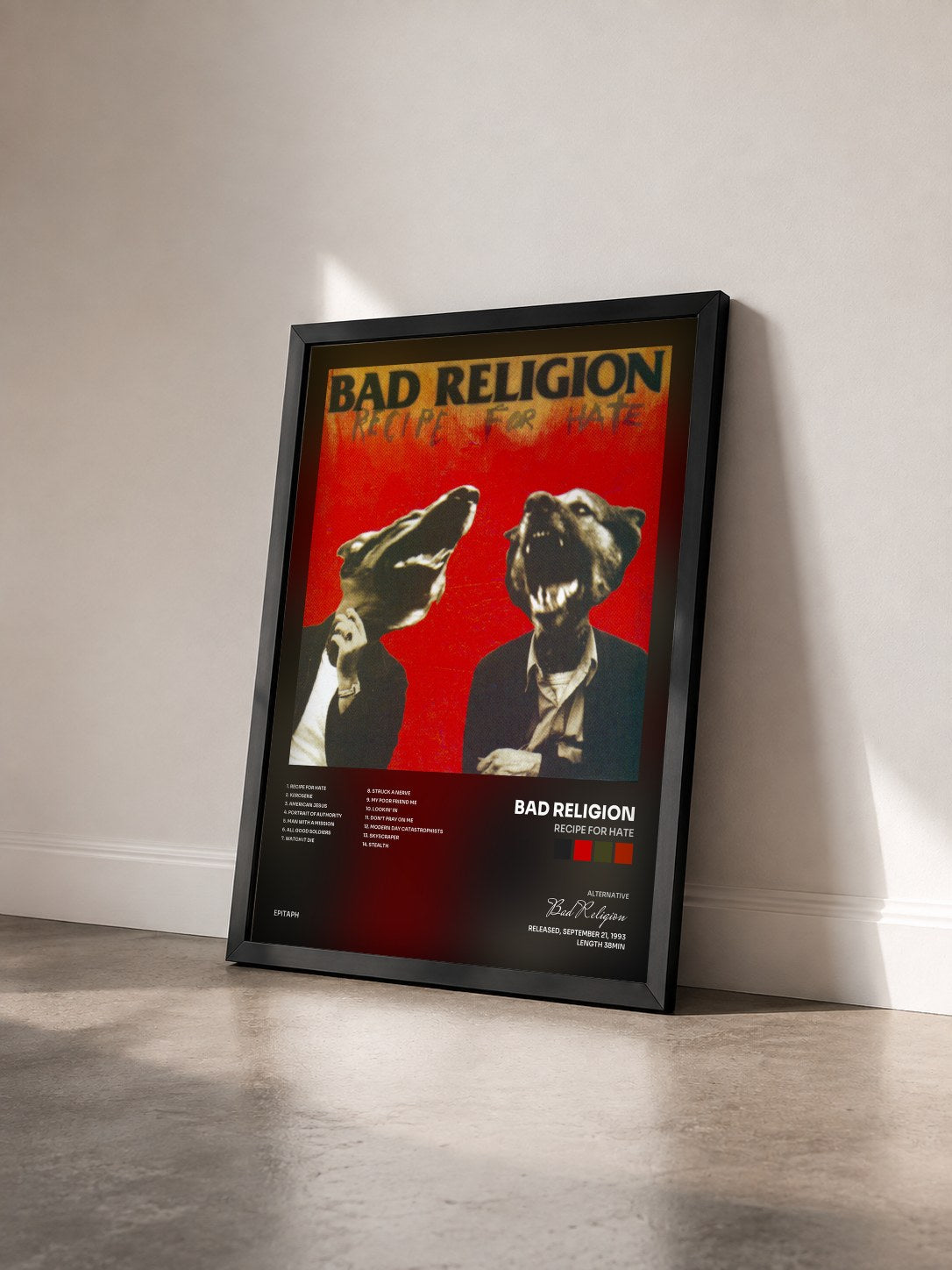 #noir Recipe For Hate de Bad Religion en lámina enmarcada vista de tres cuartos, marco negro