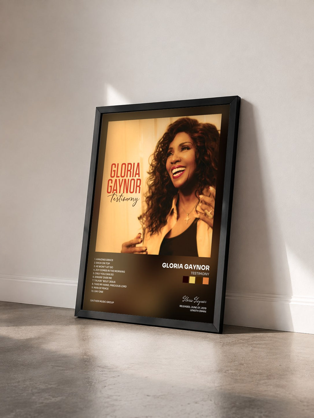 #noir Tableau de l'album Testimony de Gloria Gaynor vu de trois quarts, cadre noir
