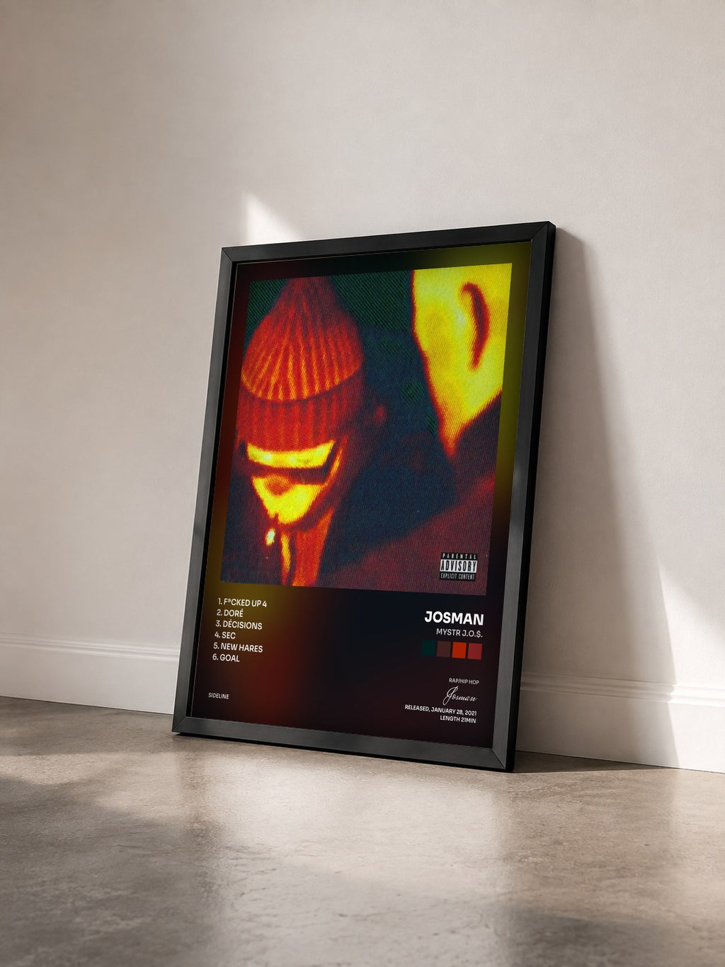 #noir Tableau de l'album MYSTR J.O.$. de Josman vu de trois quarts, cadre noir