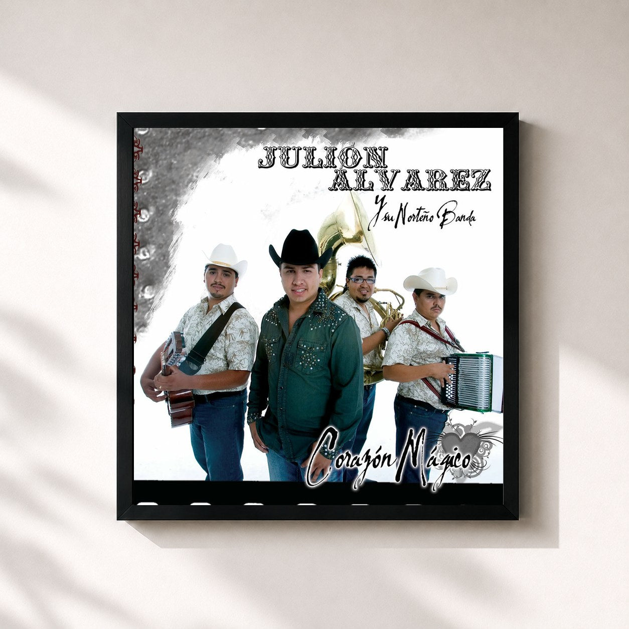 #noir Tableau carré de l'album Corazón Mágico de Julion Alvarez Y Su Norteño Banda, cadre noir 32x32 cm