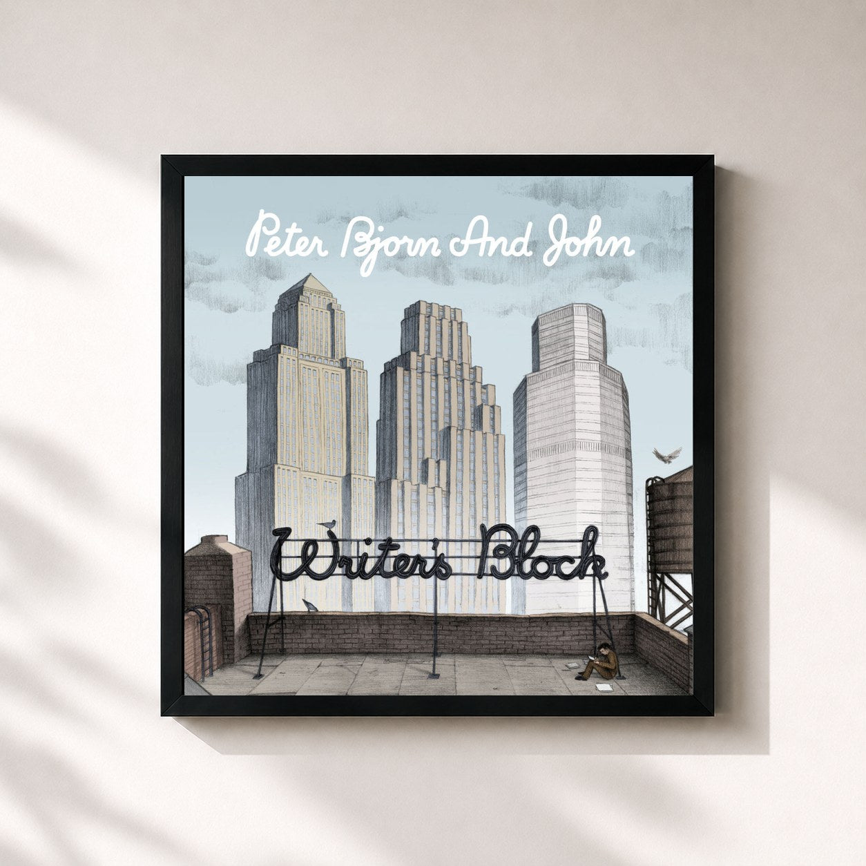 #noir Tableau carré de l'album Writer's Block de Peter Bjorn and John, cadre noir 32x32 cm