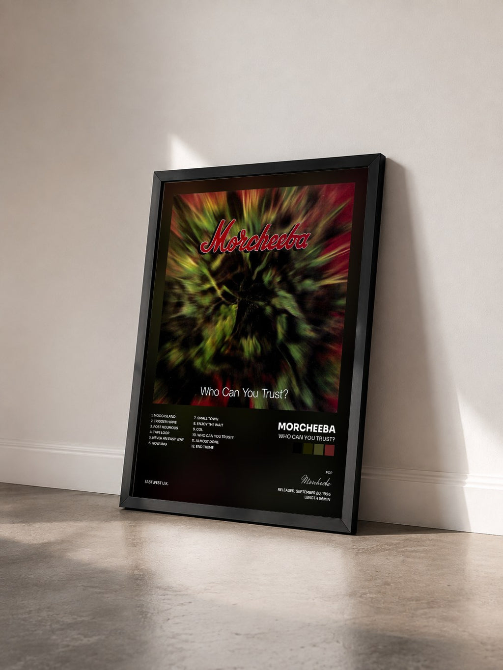 #noir Who Can You Trust? di Morcheeba in stampa incorniciata vista di tre quarti, cornice nera