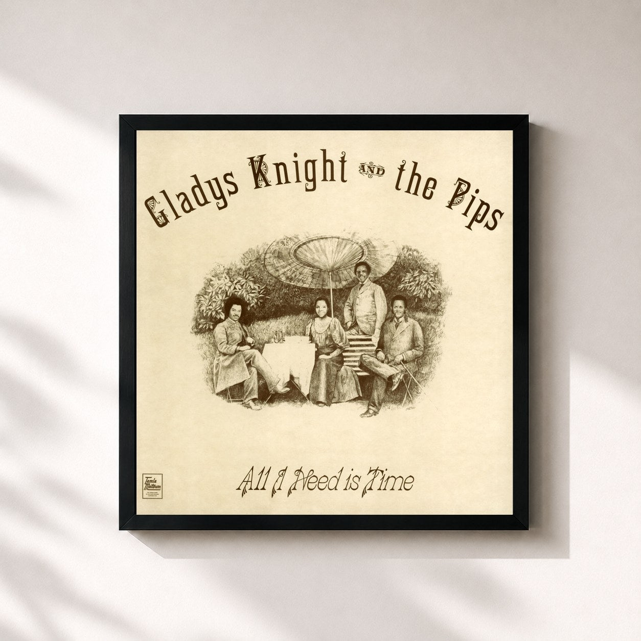 #noir Tableau carré de l'album All I Need Is Time de Gladys Knight & The Pips, cadre noir 32x32 cm