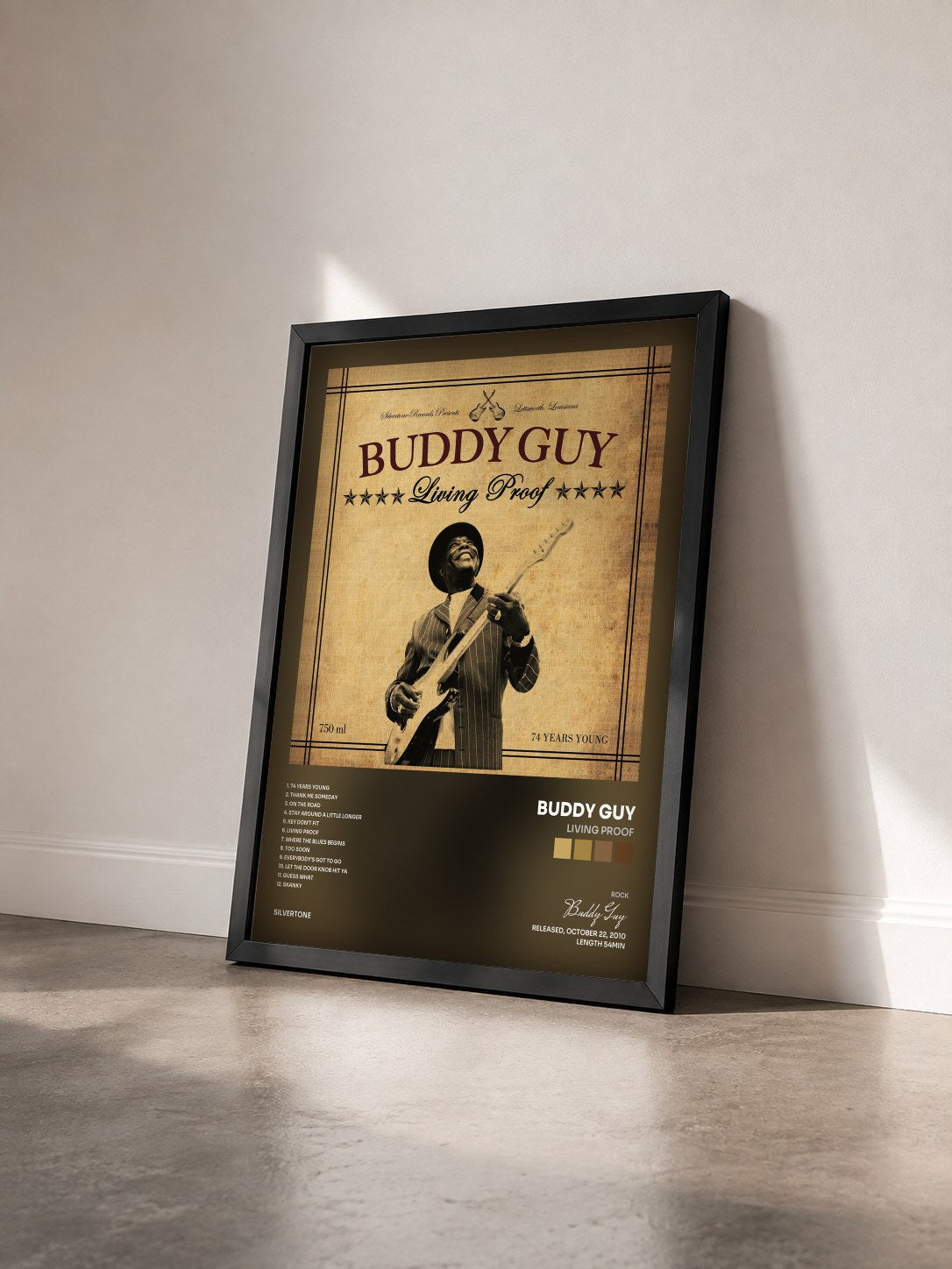 #noir Living Proof de Buddy Guy en lámina enmarcada vista de tres cuartos, marco negro
