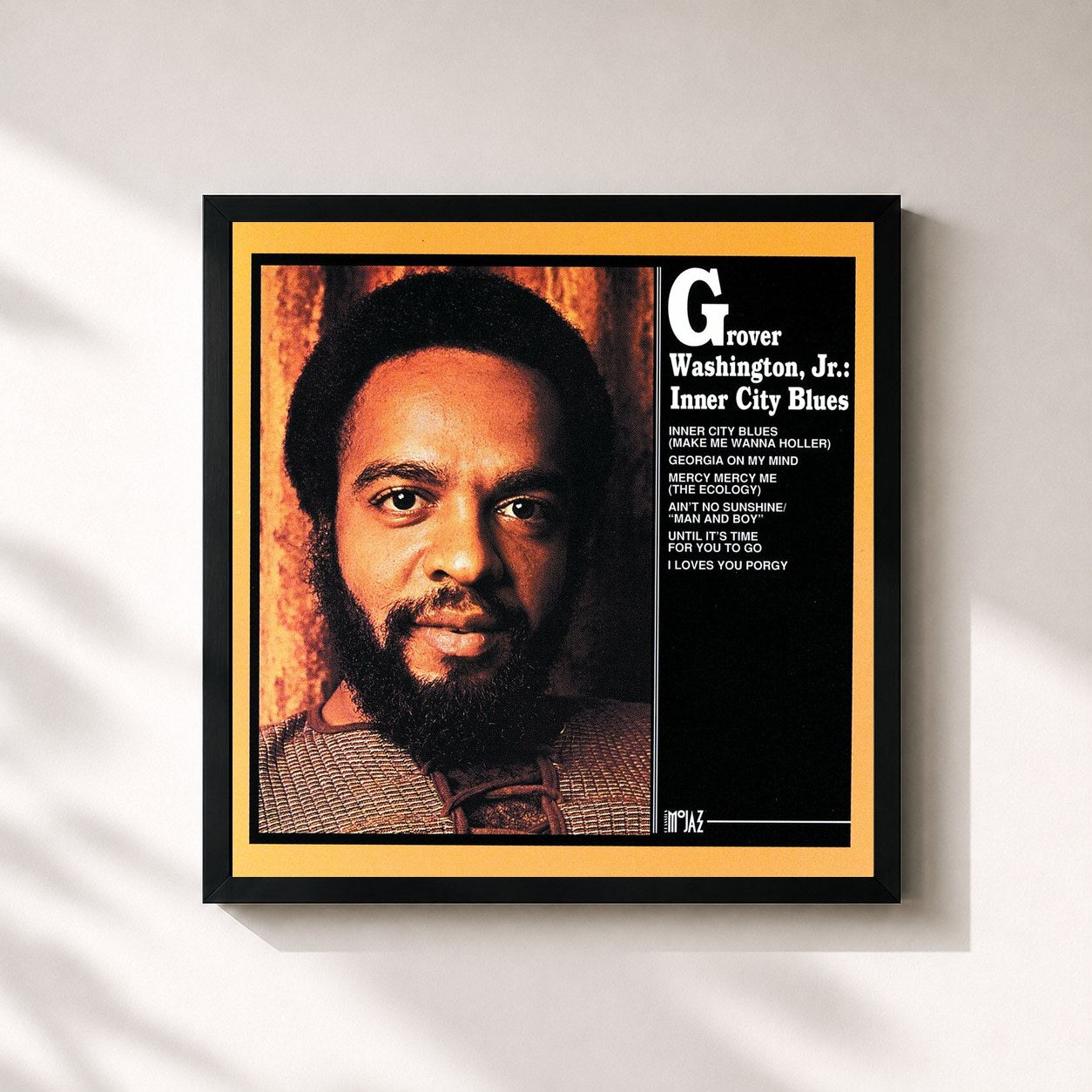 #noir Tableau carré de l'album Inner City Blues de Grover Washington, Jr., cadre noir 32x32 cm