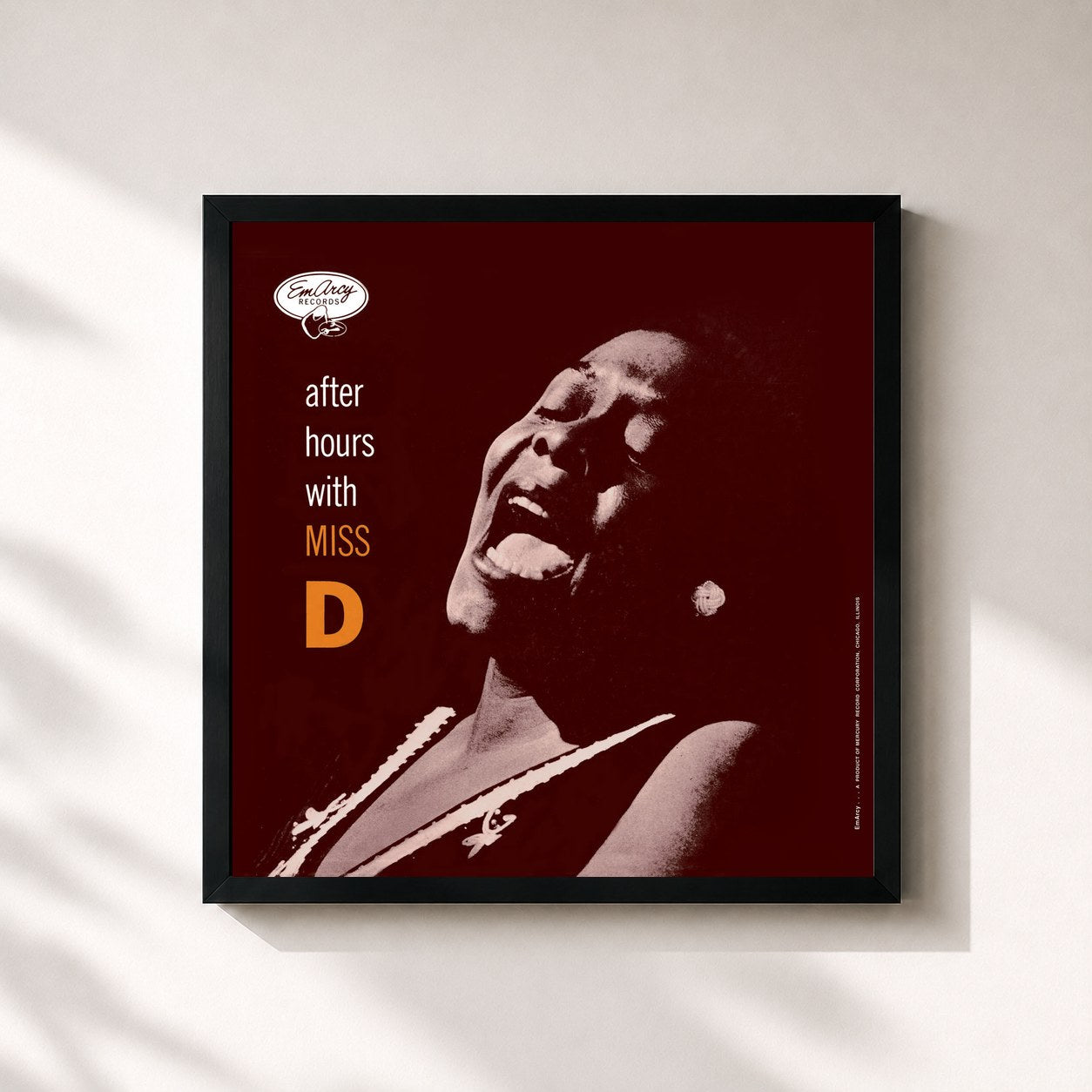 #noir Tableau carré de l'album After Hours With Miss D de Dinah Washington, cadre noir 32x32 cm