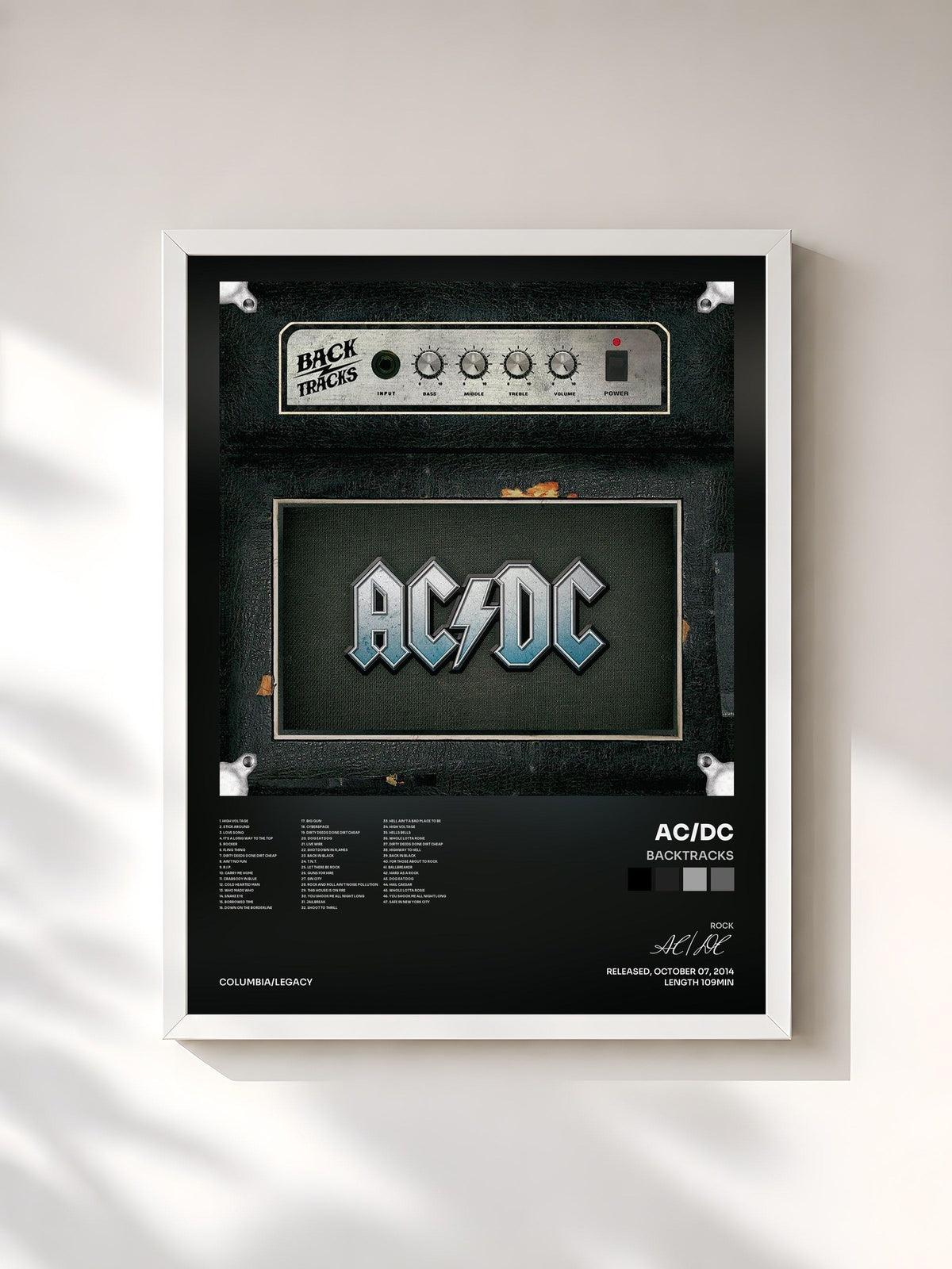 #blanc Tableau de l'album Backtracks de AC/DC, cadre blanc, imprimé et encadré en France