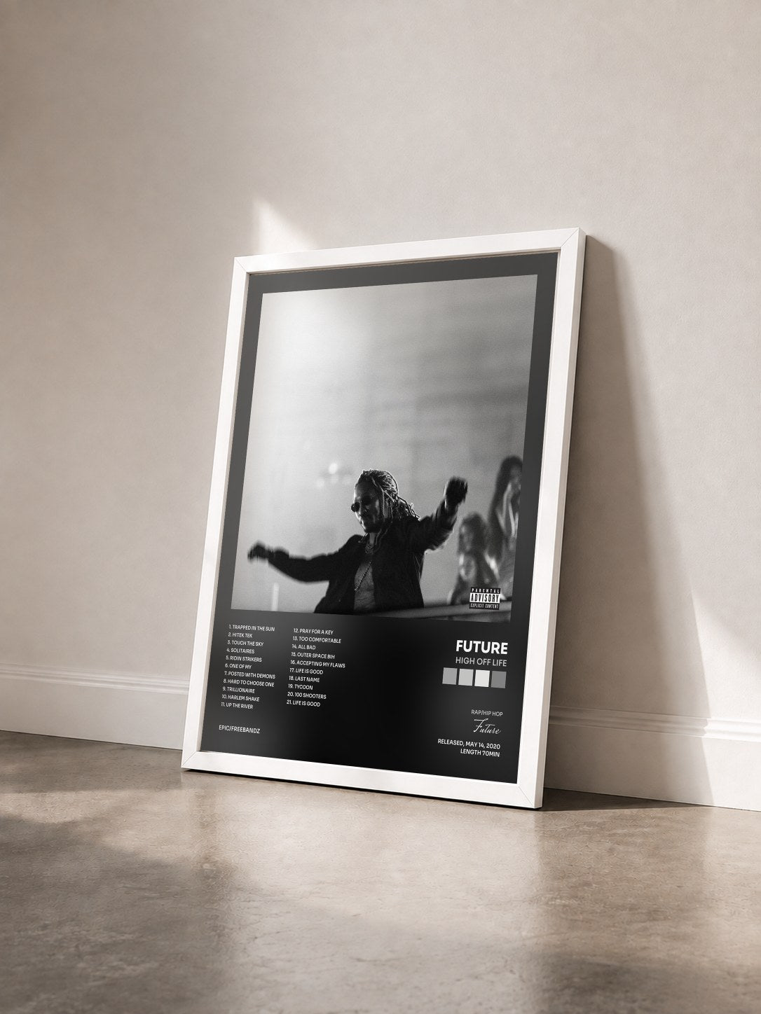 #blanc Tableau de l'album High Off Life de Future vu de trois quarts, cadre blanc