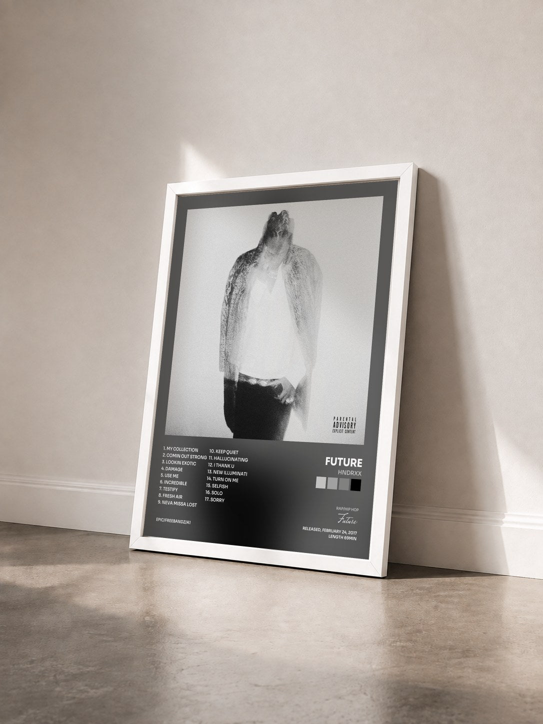 #blanc Tableau de l'album HNDRXX de Future vu de trois quarts, cadre blanc