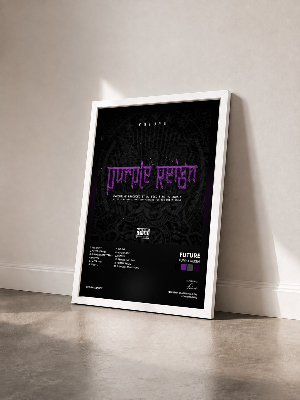 #blanc Tableau de l'album Purple Reign de Future vu de trois quarts, cadre blanc