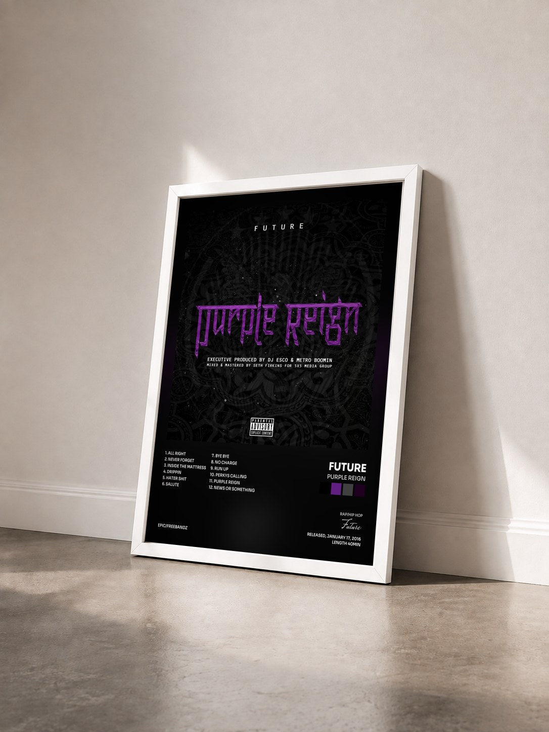 #blanc Tableau de l'album Purple Reign de Future vu de trois quarts, cadre blanc