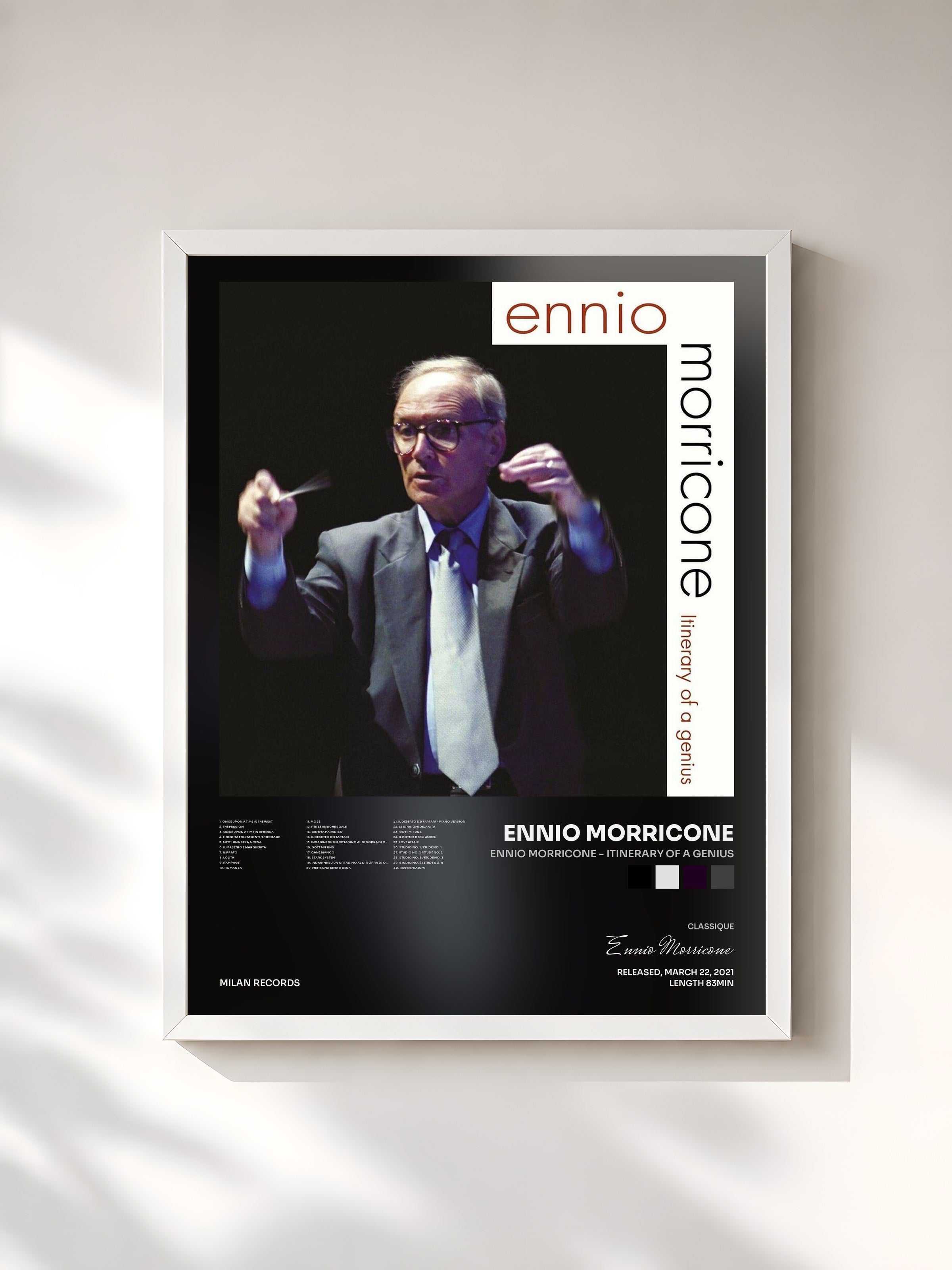 #blanc Tableau de l'album Ennio Morricone - Itinerary of a Genius de Ennio Morricone, cadre blanc, imprimé et encadré en France