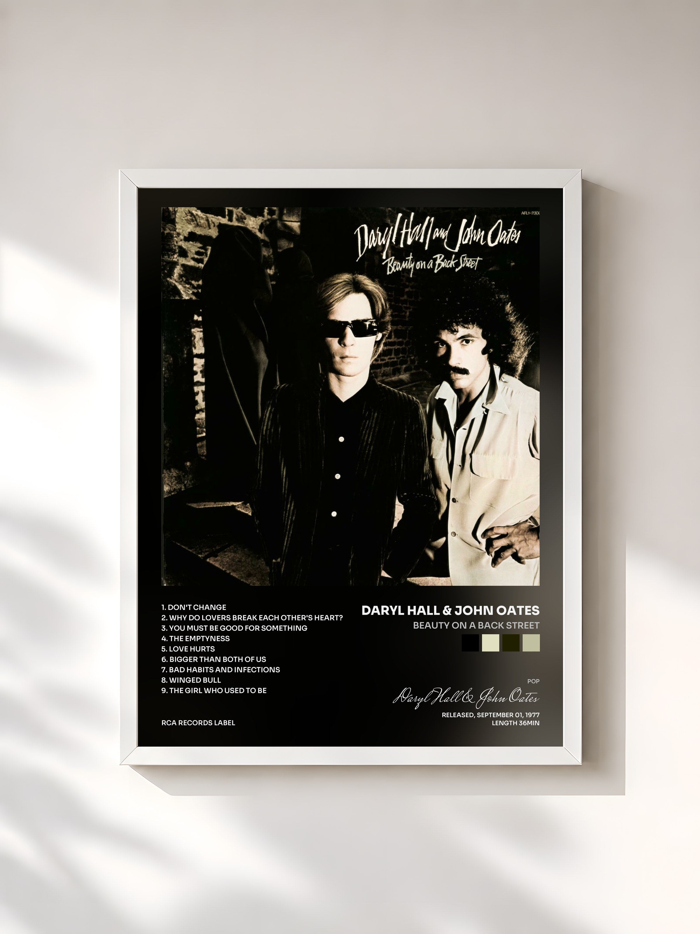 #blanc Tableau de l'album Beauty On a Back Street de Daryl Hall & John Oates, cadre blanc, imprimé et encadré en France
