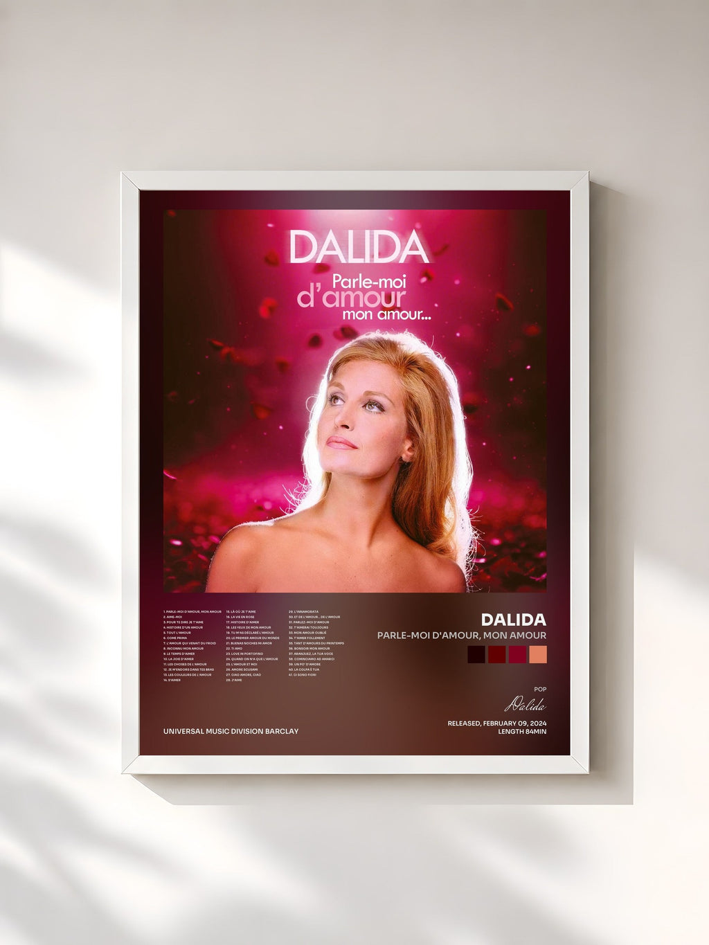 #blanc Parle-moi d'amour, mon amour di Dalida in stampa incorniciata, cornice bianca, stampata e incorniciata in Francia