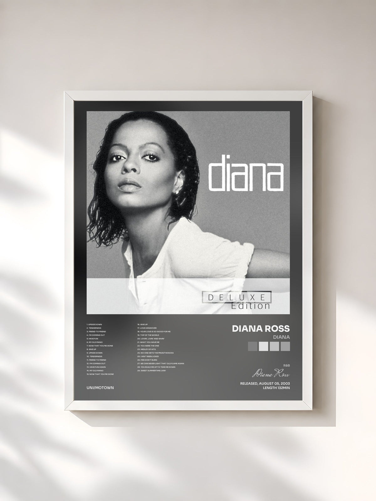 #blanc Tableau de l'album Diana de Diana Ross, cadre blanc, imprimé et encadré en France