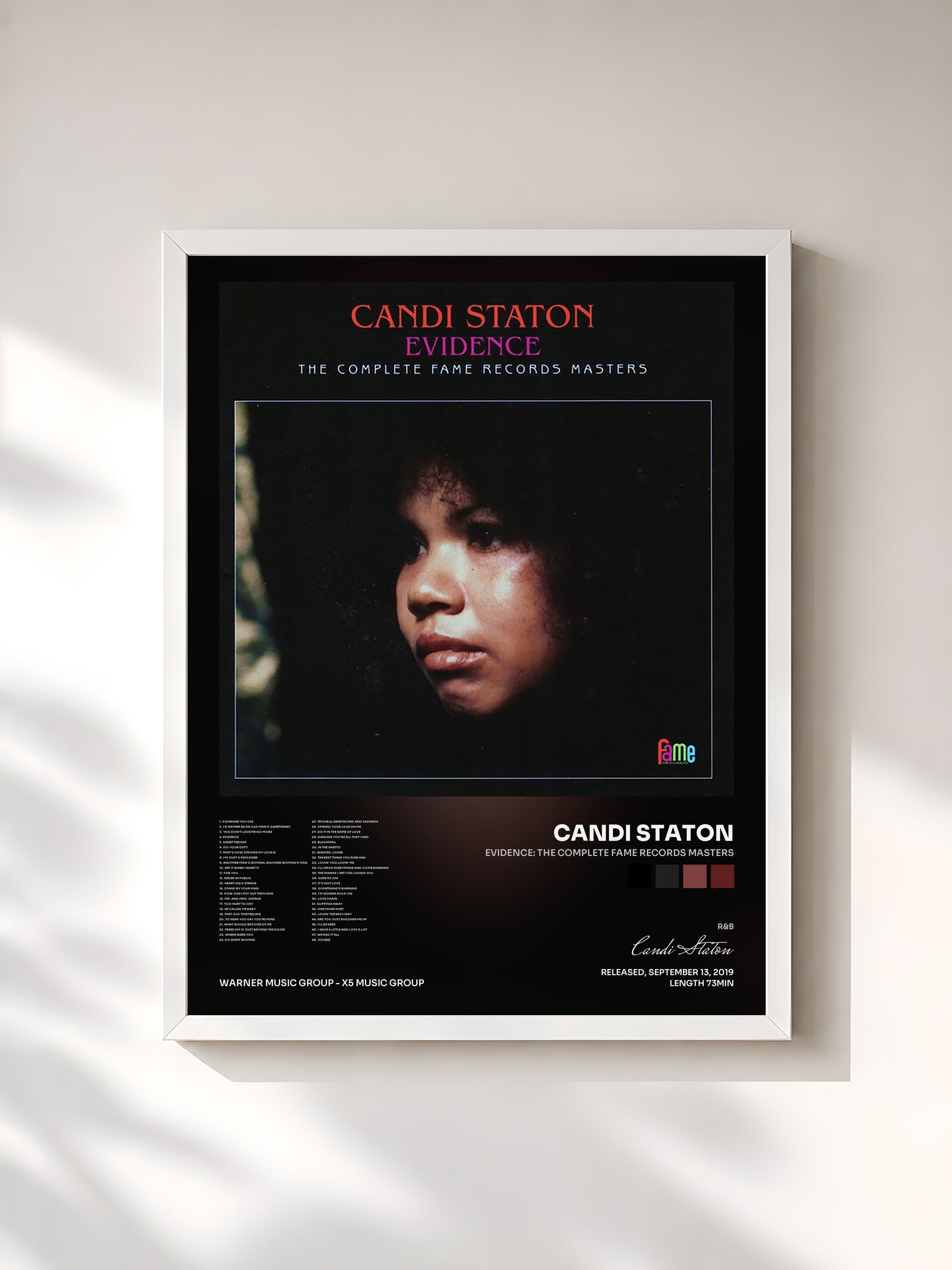 #blanc Tableau de l'album Evidence: The Complete Fame Records Masters de Candi Staton, cadre blanc, imprimé et encadré en France