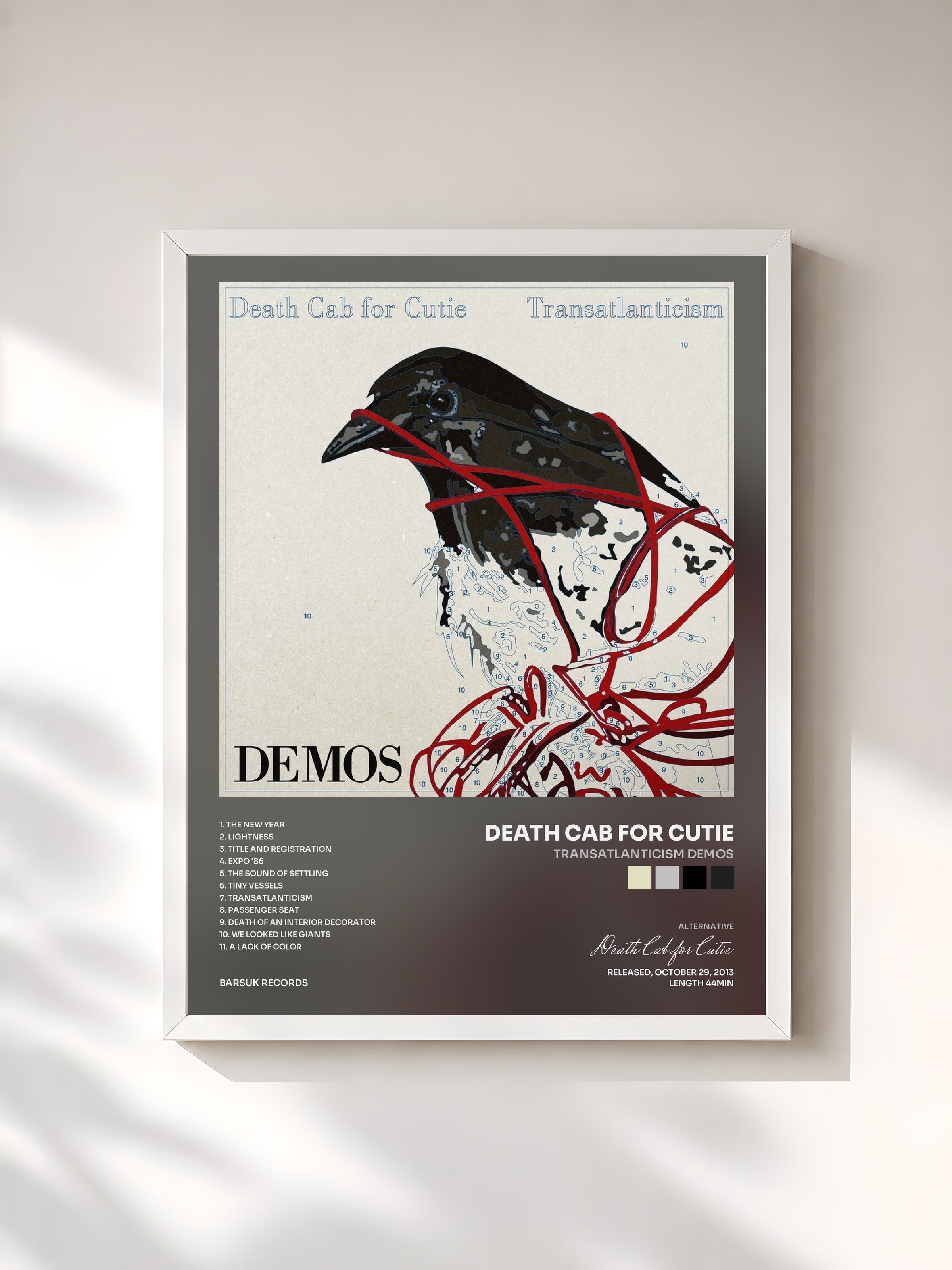 #blanc Tableau de l'album Transatlanticism Demos de Death Cab for Cutie, cadre blanc, imprimé et encadré en France