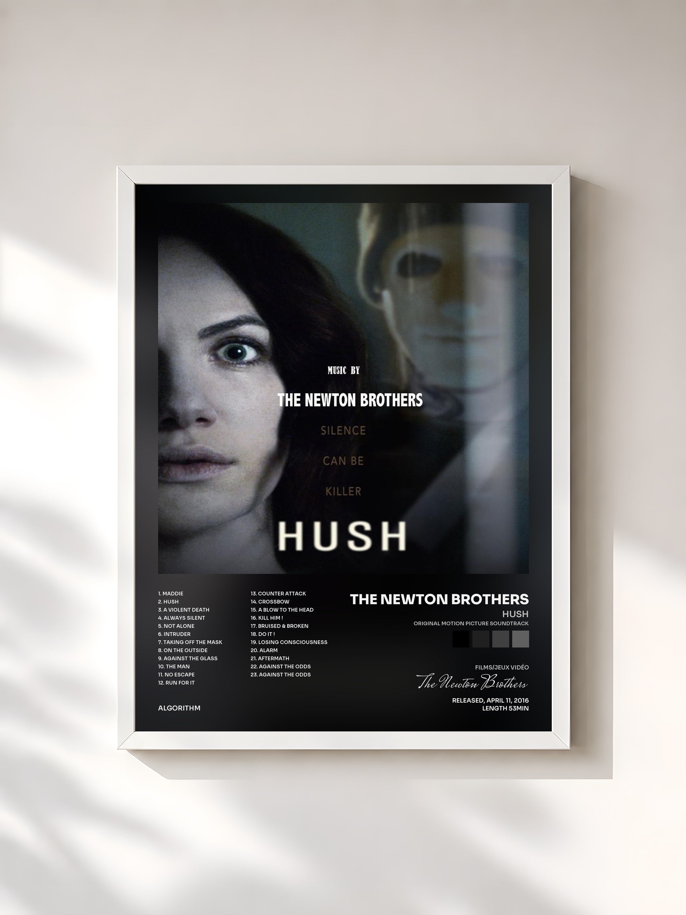 #blanc Tableau de l'album Hush (Original Motion Picture Soundtrack) de The Newton Brothers, cadre blanc, imprimé et encadré en France