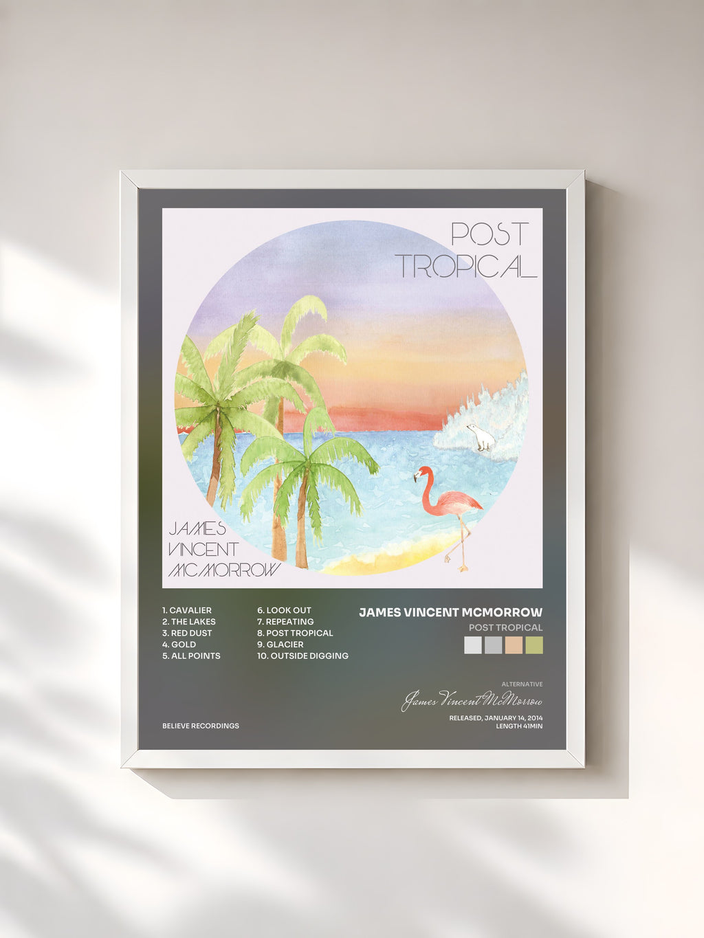 #blanc Tableau de l'album Post Tropical de James Vincent McMorrow, cadre blanc, imprimé et encadré en France