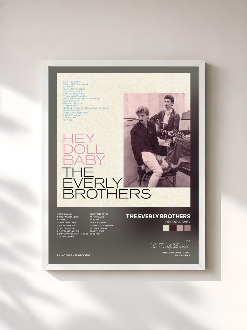 #blanc Hey Doll Baby de The Everly Brothers en lámina enmarcada, marco blanco, impresa y enmarcada en Francia