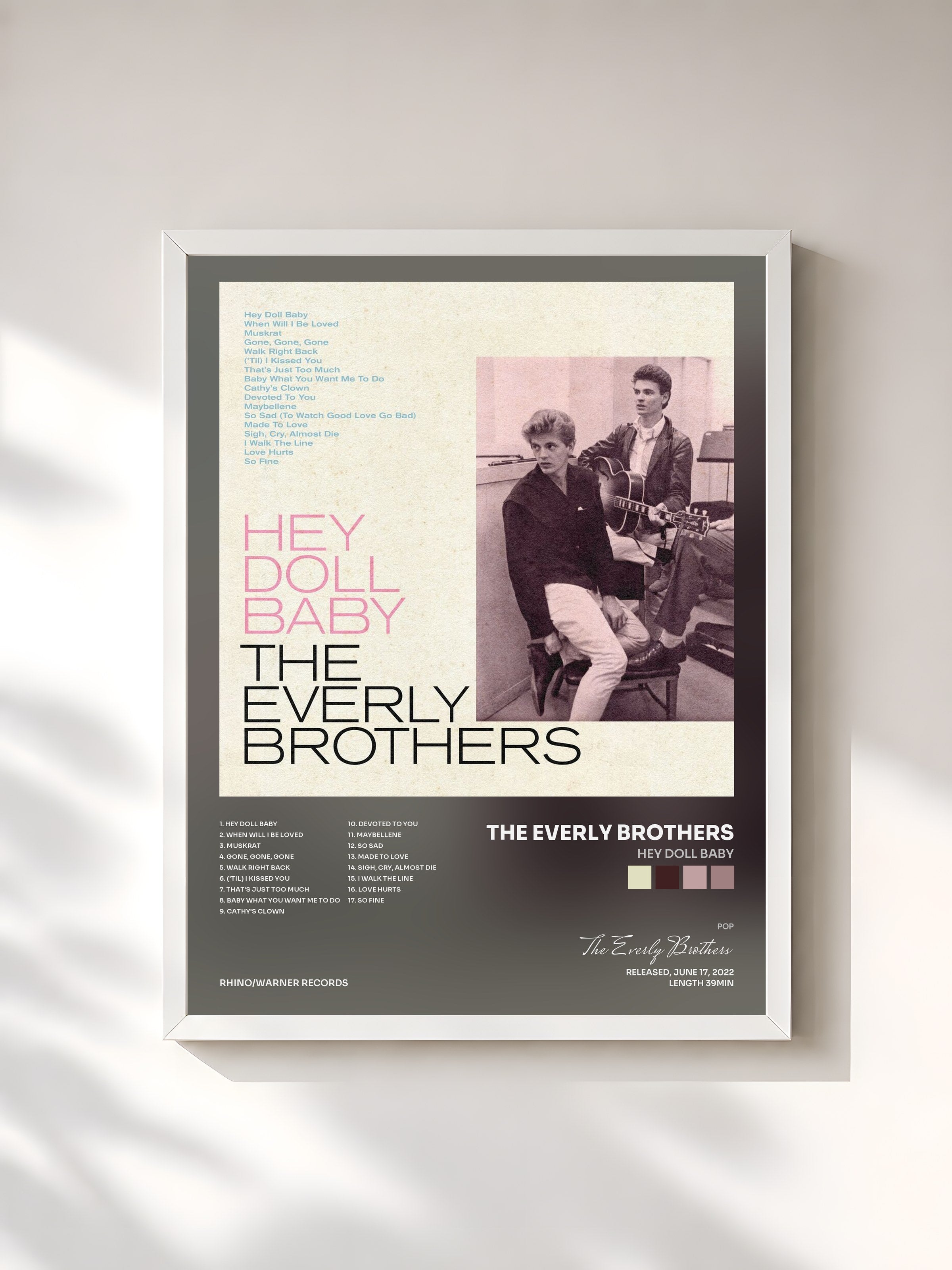 #blanc Tableau de l'album Hey Doll Baby de The Everly Brothers, cadre blanc, imprimé et encadré en France