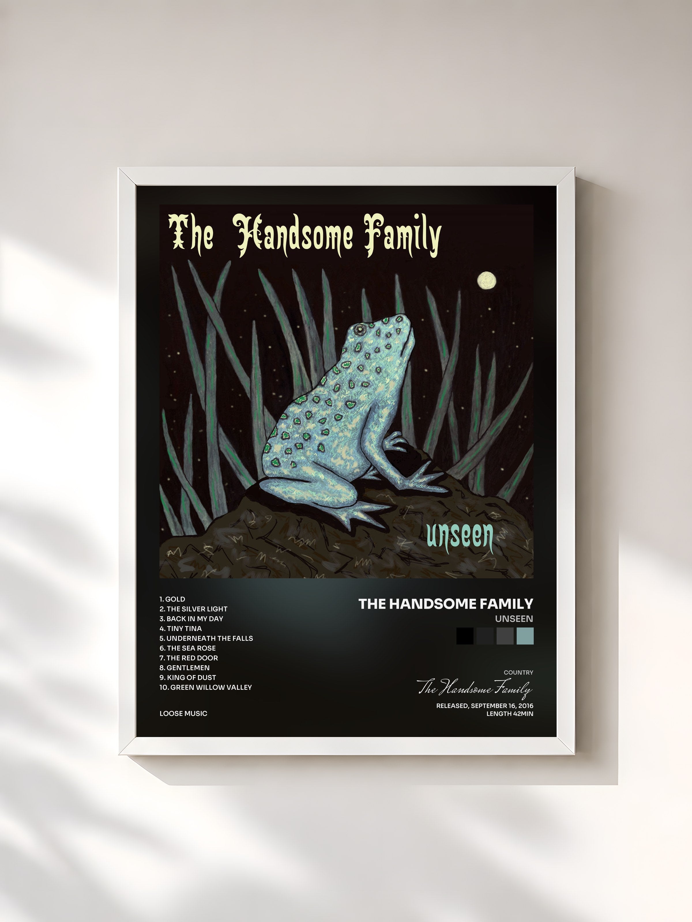 #blanc Tableau de l'album Unseen de The Handsome Family, cadre blanc, imprimé et encadré en France