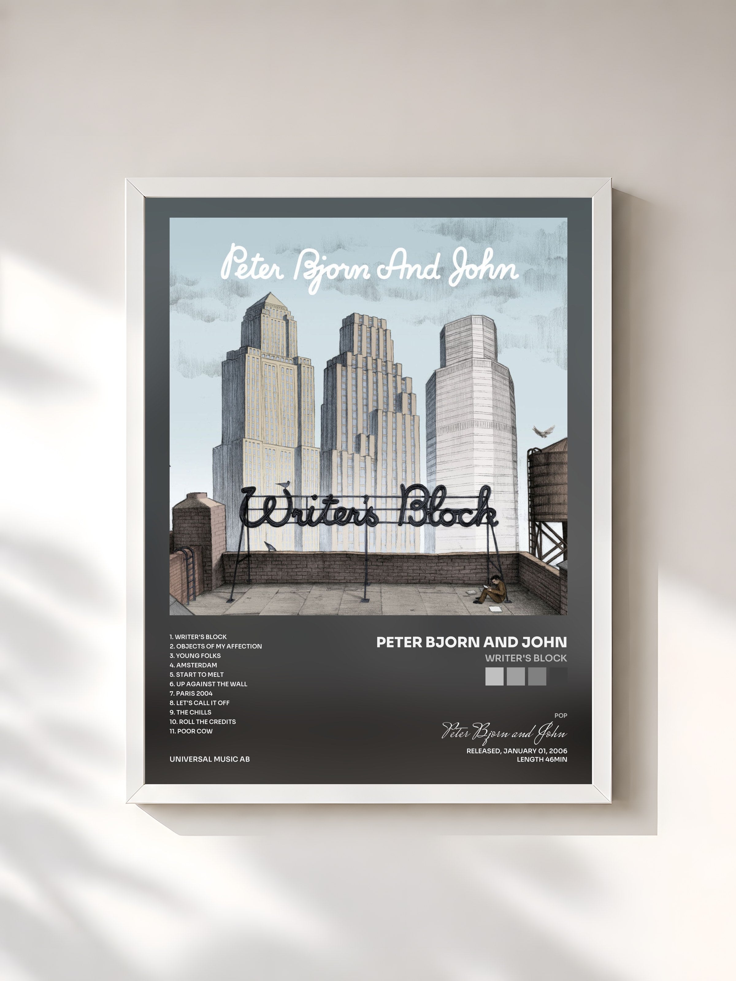 #blanc Tableau de l'album Writer's Block de Peter Bjorn and John, cadre blanc, imprimé et encadré en France