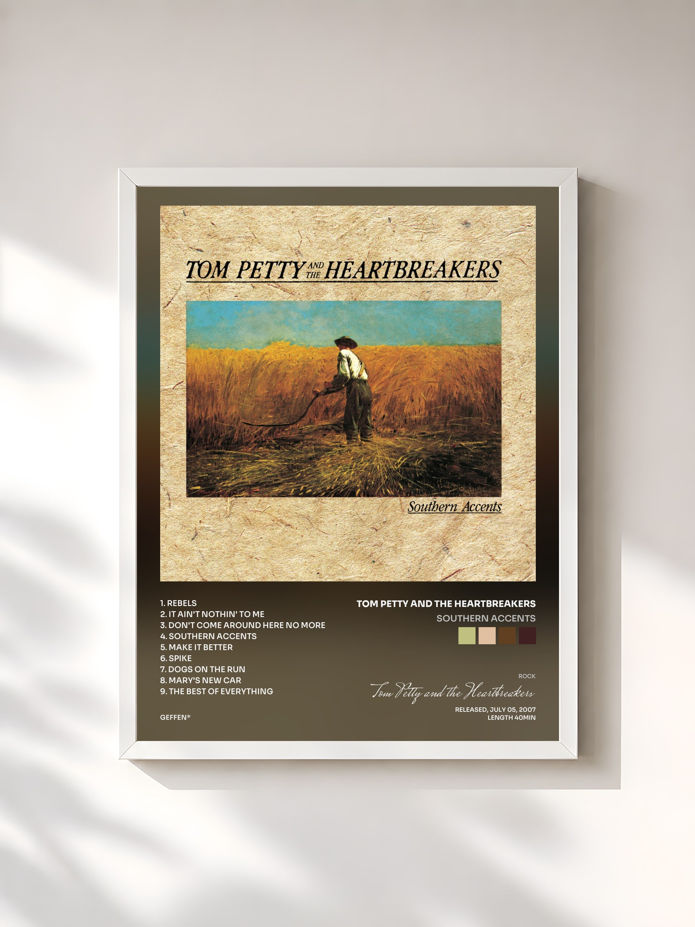 #blanc Tableau de l'album Southern Accents de Tom Petty and the Heartbreakers, cadre blanc, imprimé et encadré en France