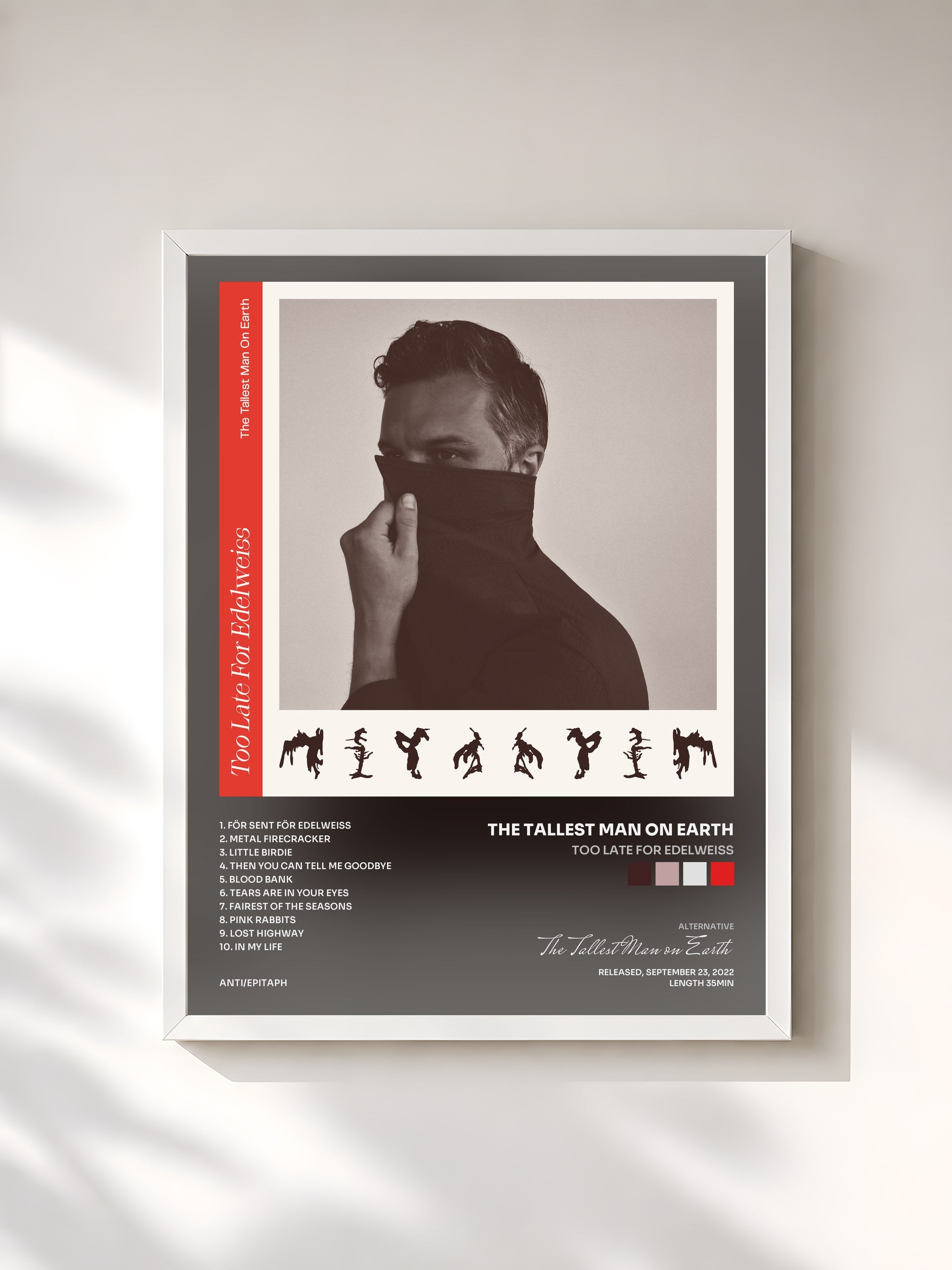 #blanc Tableau de l'album Too Late for Edelweiss de The Tallest Man on Earth, cadre blanc, imprimé et encadré en France