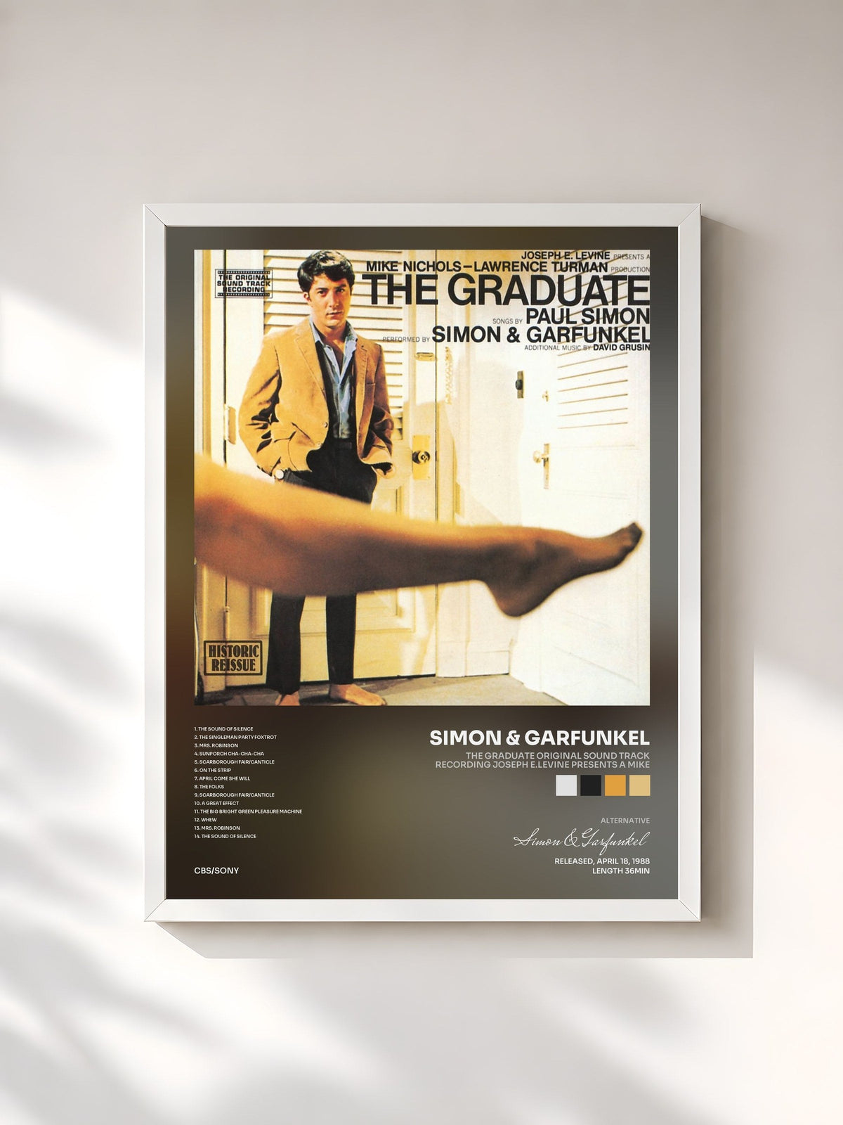 #blanc Tableau de l'album THE GRADUATE Original Sound Track Recording Joseph E.Levine Presents A Mike de Simon & Garfunkel, cadre blanc, imprimé et encadré en France