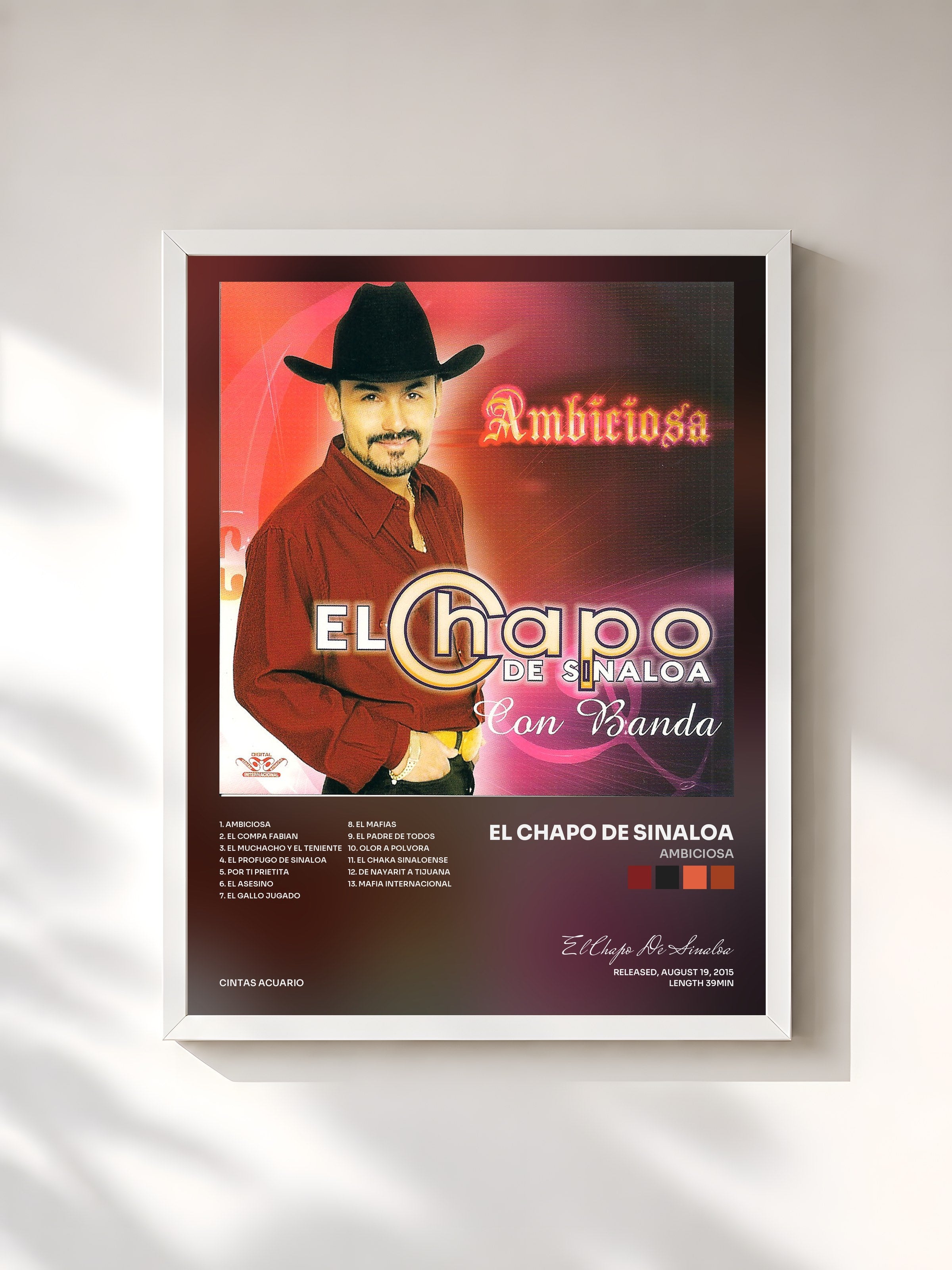 #blanc Tableau de l'album Ambiciosa de El Chapo De Sinaloa, cadre blanc, imprimé et encadré en France