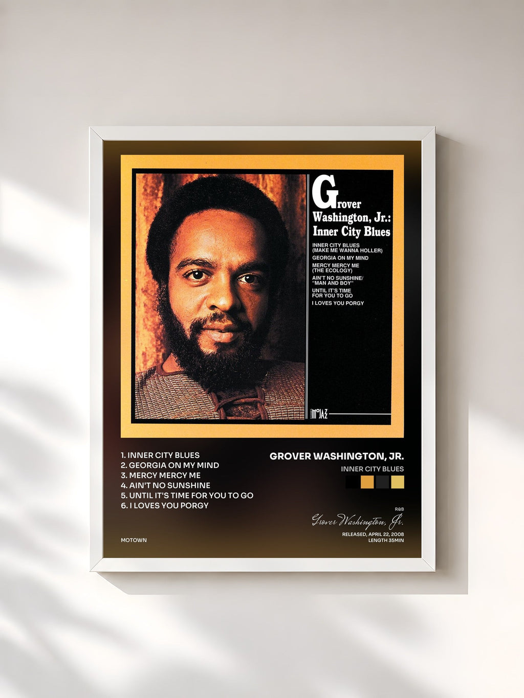 #blanc Tableau de l'album Inner City Blues de Grover Washington, Jr., cadre blanc, imprimé et encadré en France