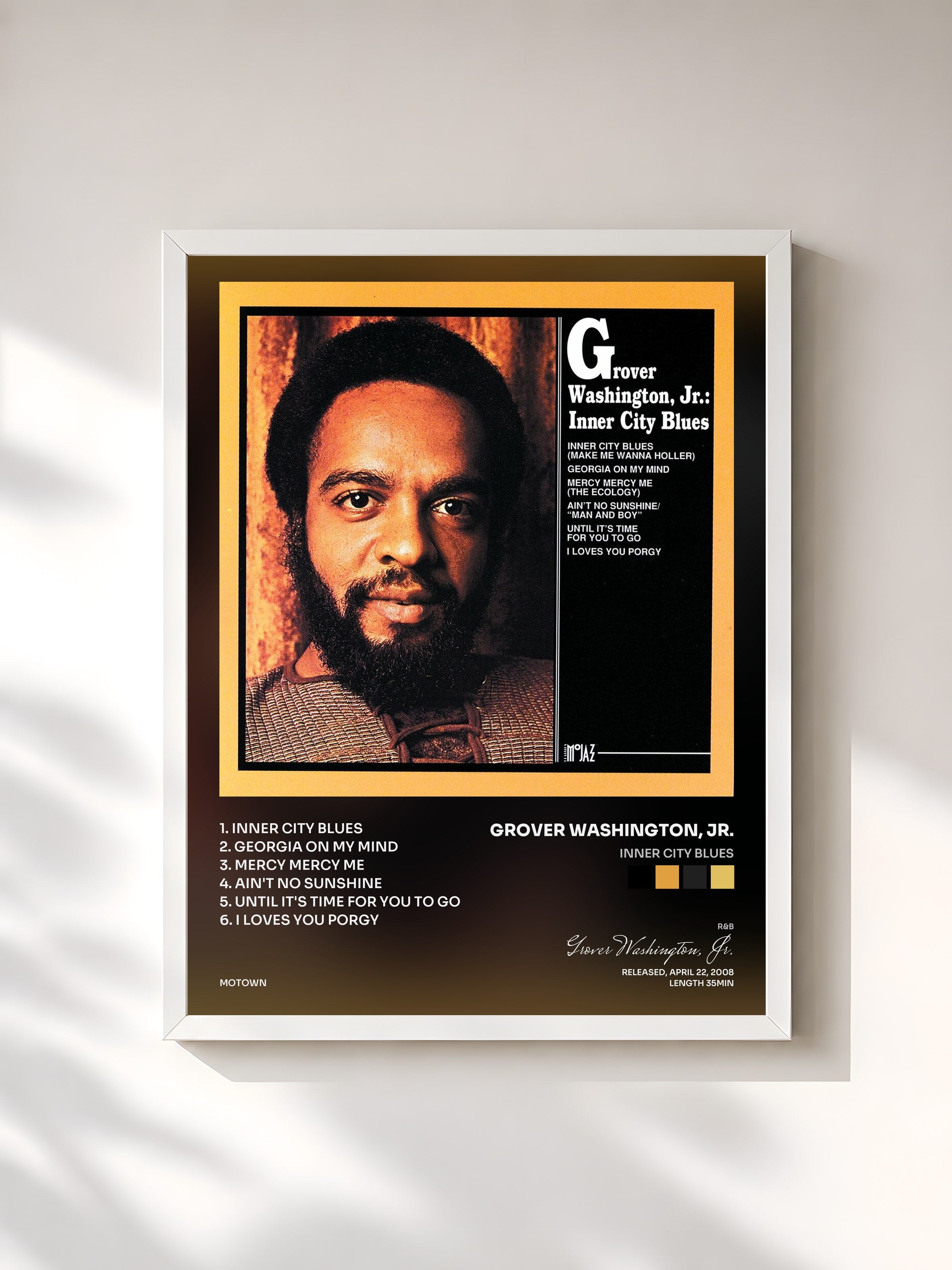 #blanc Tableau de l'album Inner City Blues de Grover Washington, Jr., cadre blanc, imprimé et encadré en France