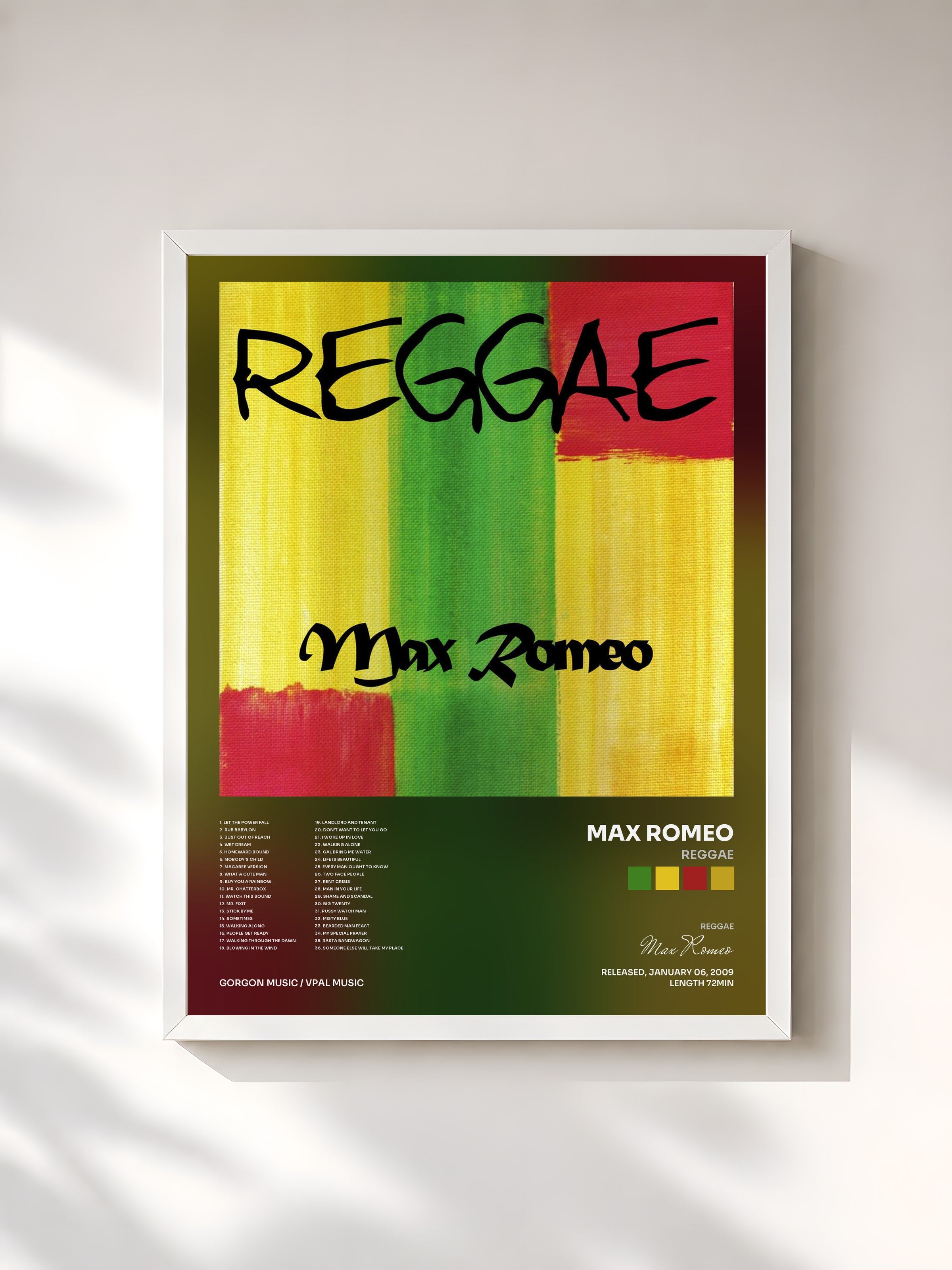 #blanc Tableau de l'album Reggae de Max Romeo, cadre blanc, imprimé et encadré en France